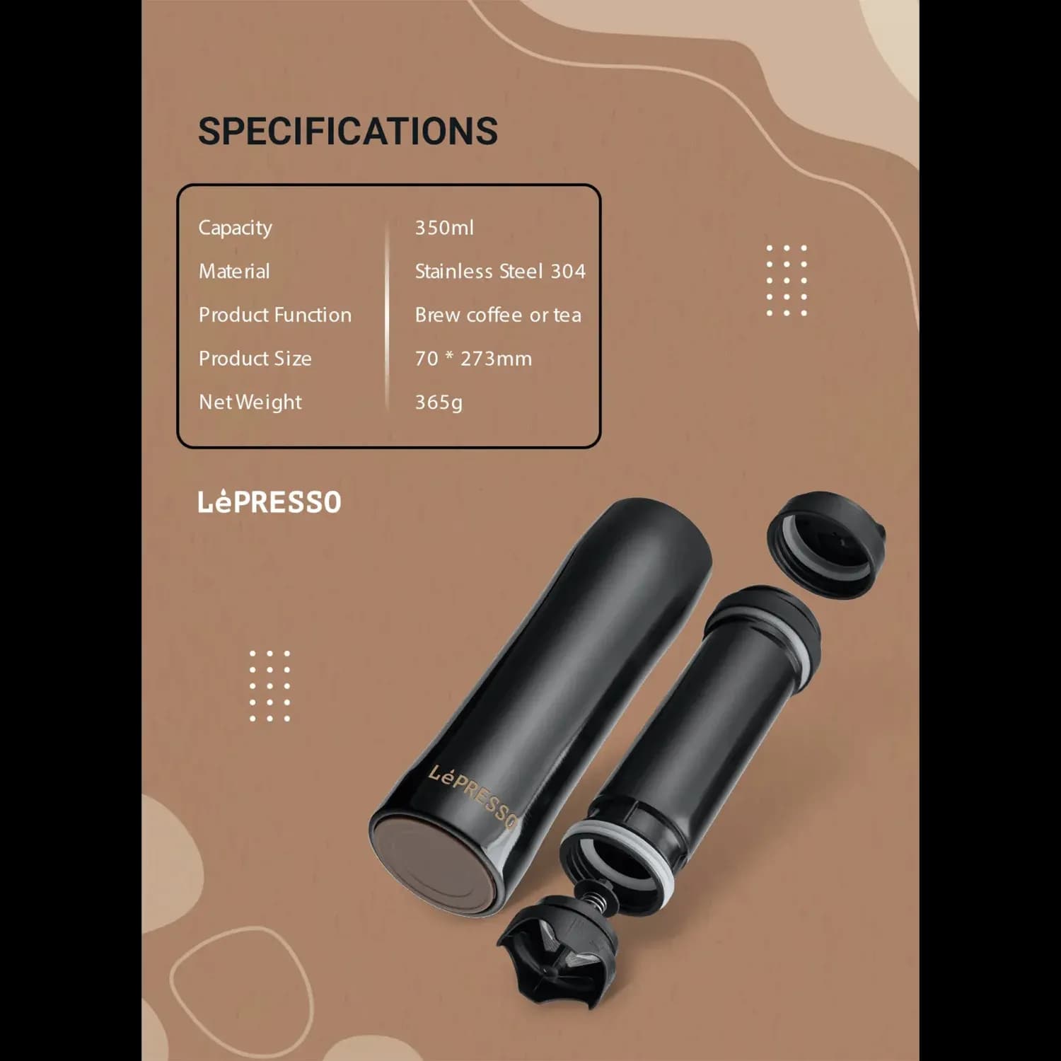 LePresso French Press - Portable Stainless Steel, Black 5