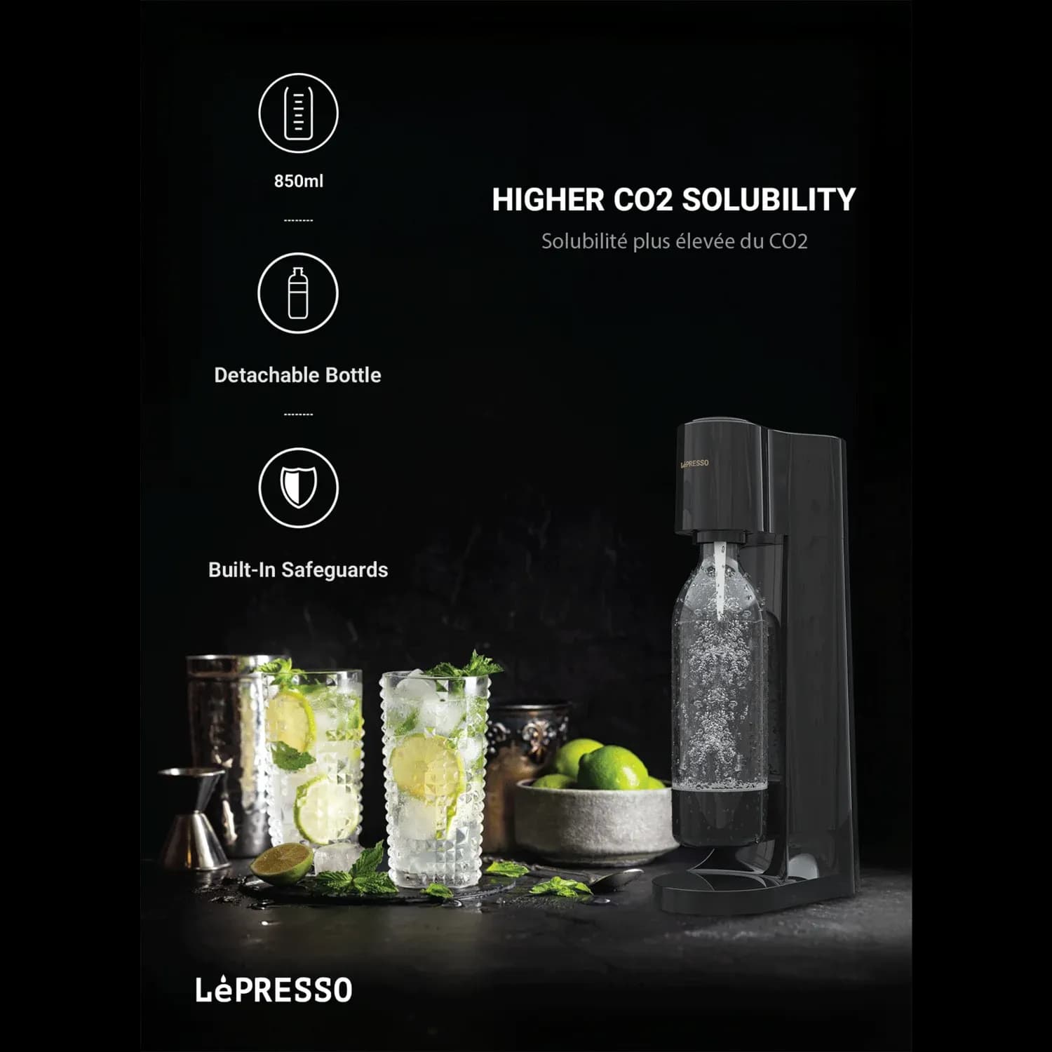 LePresso Sparkling Water Maker - Cordless 850ml, Black 2
