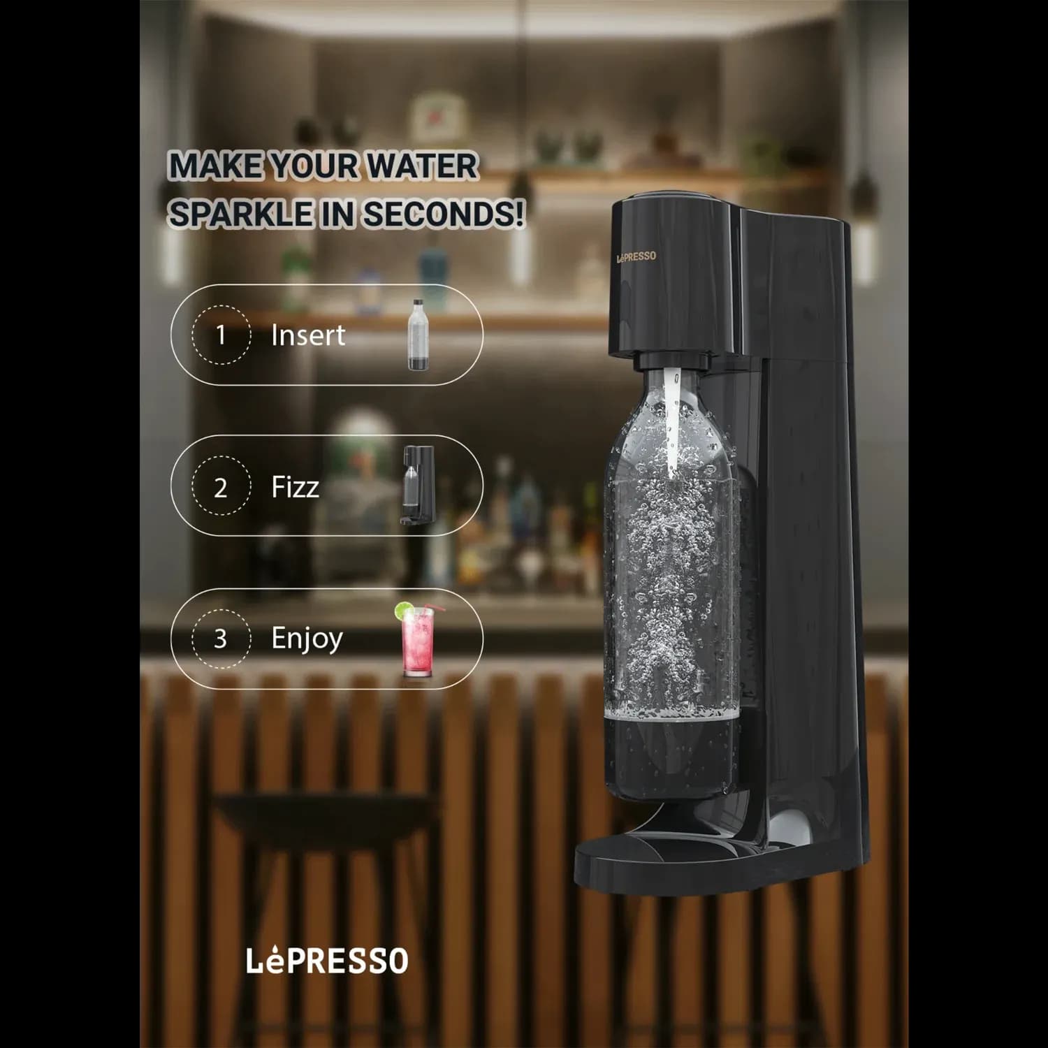LePresso Sparkling Water Maker - Cordless 850ml, Black 4