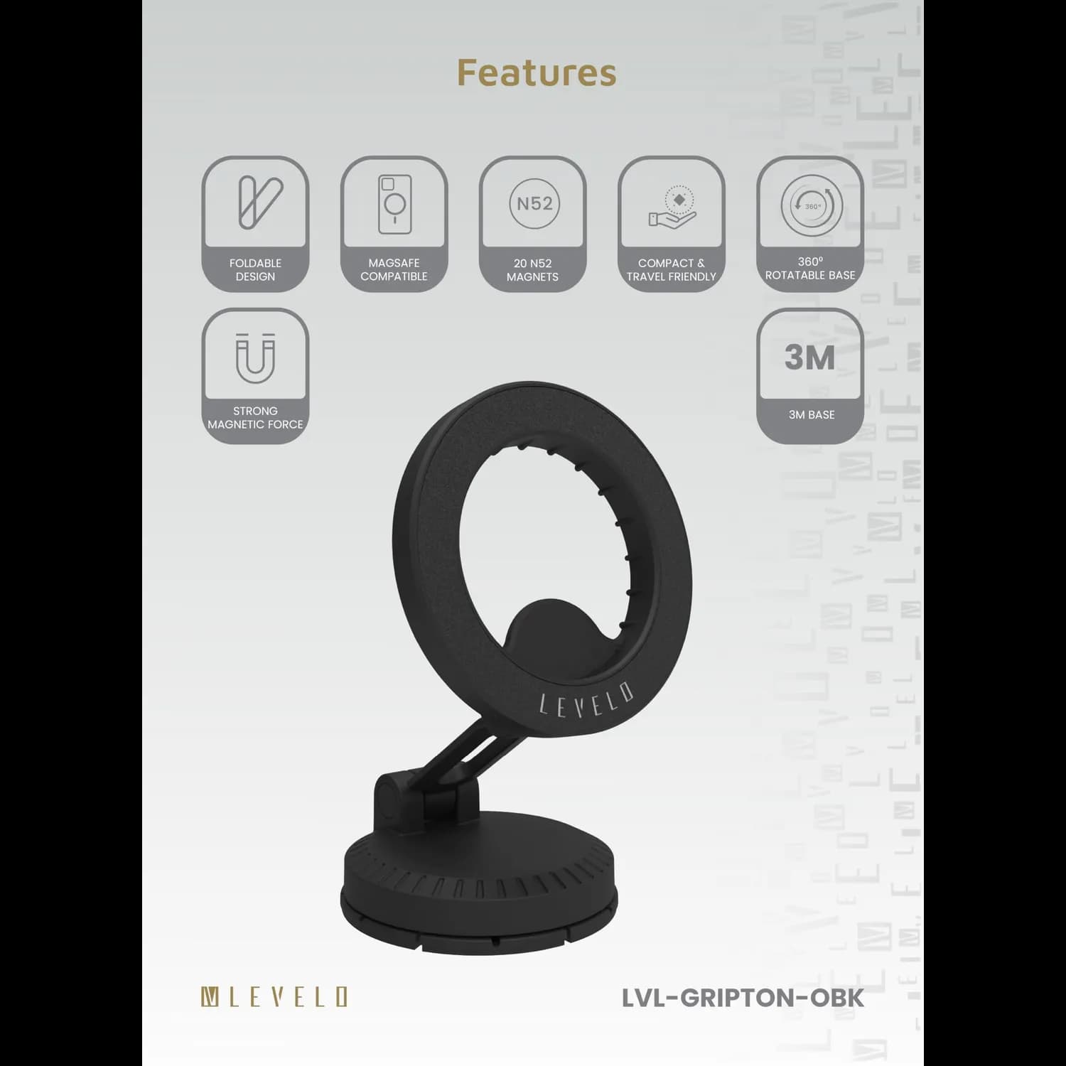 LEVELO Car Mount - Foldable Magnetic, Onyx Black 2