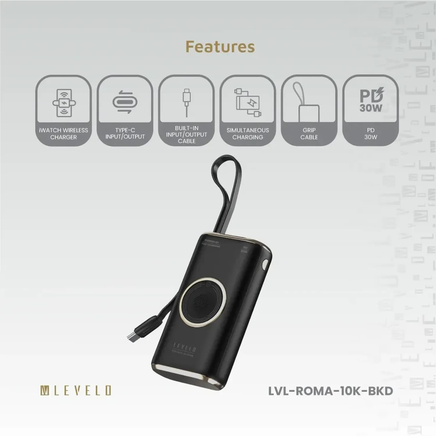 Levelo Roma 10000mAh Power Bank With Integrated Cable & Apple Watch Charger 2