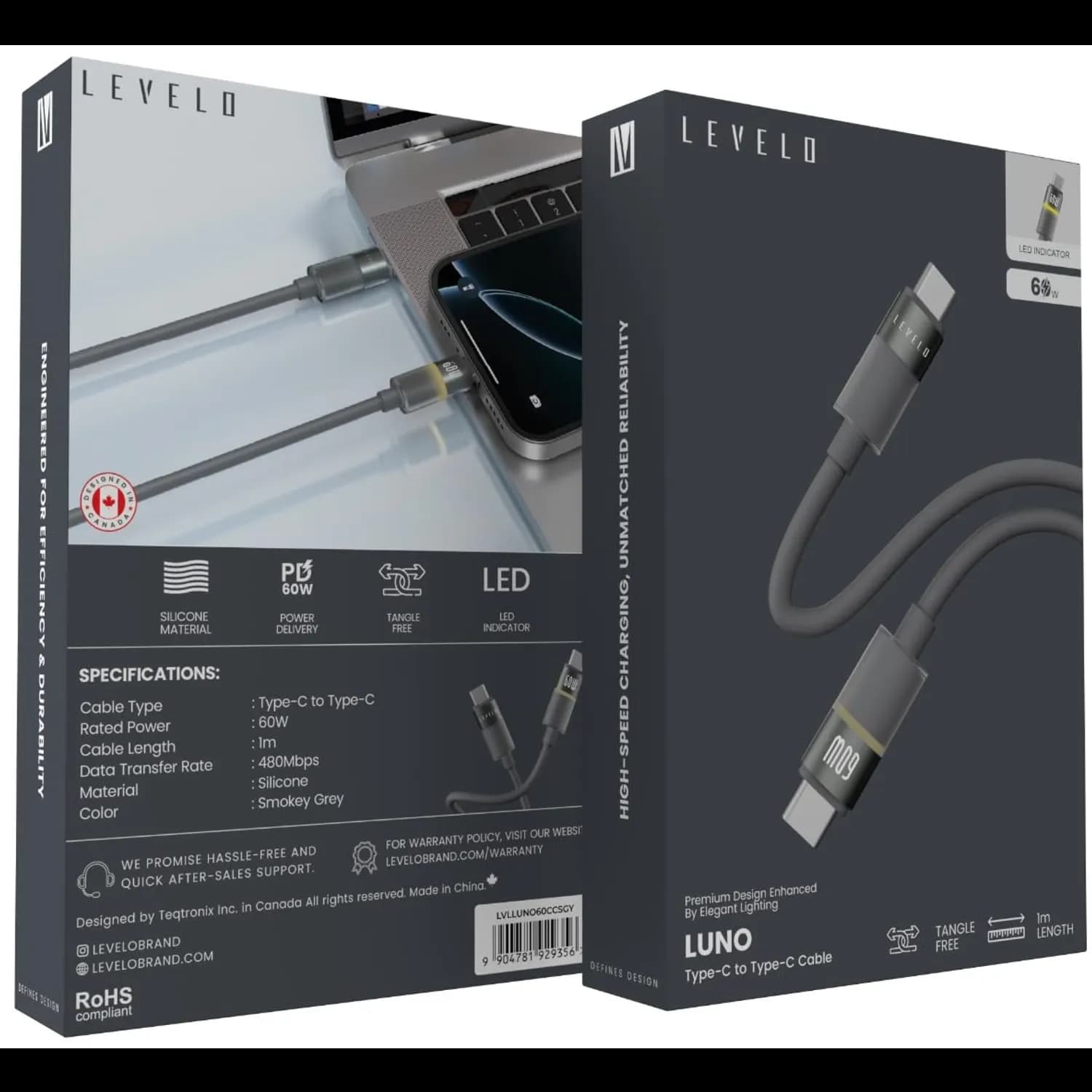 Levelo Luno Type-C to Type-C Cable 1m PD 60W — Grey 3