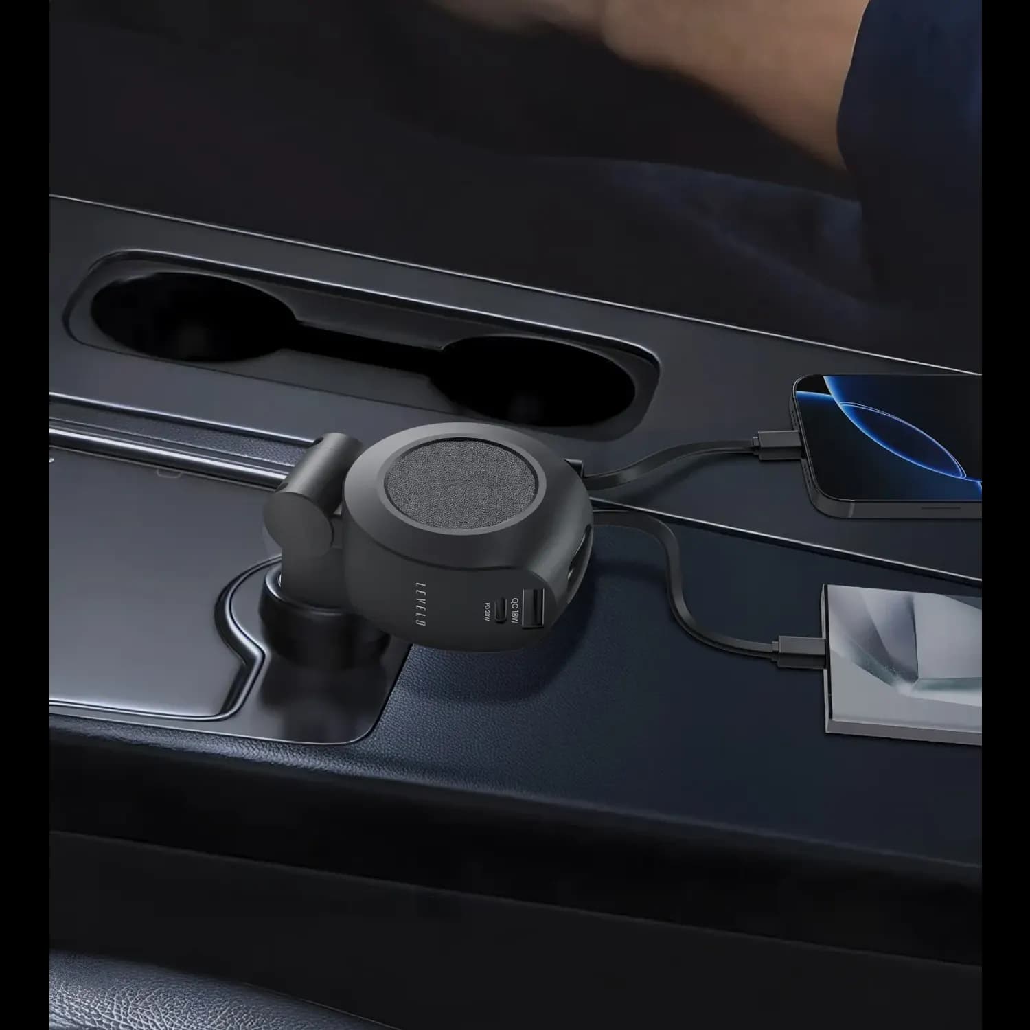 Levelo Orbis 4 In 1 Saffiano Leather Car Charger With Built-In Retractable 2 Type 3
