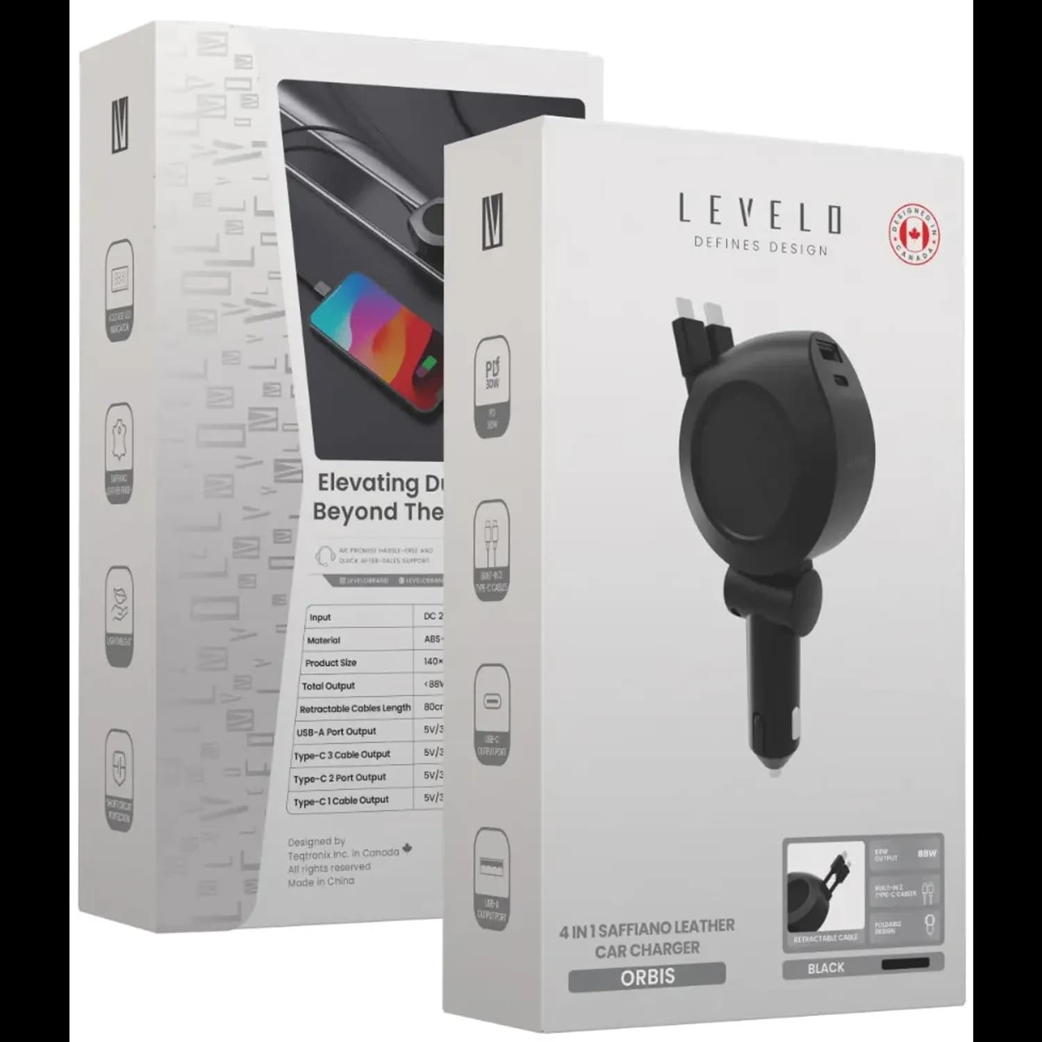 Levelo Orbis 4 In 1 Saffiano Leather Car Charger With Built-In Retractable 2 Type 4