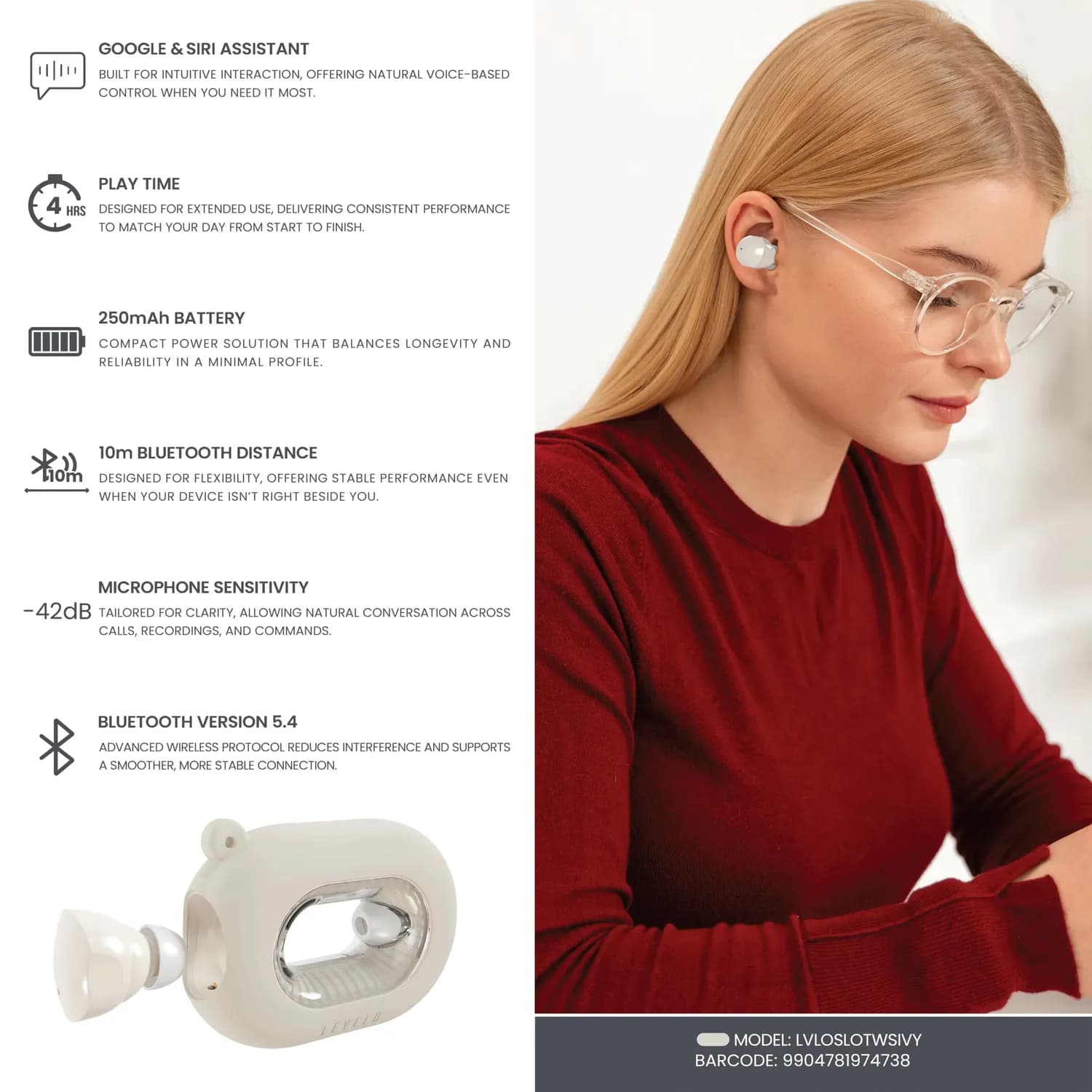 Levelo Oslobuds 250mAh Wireless Earbuds 3