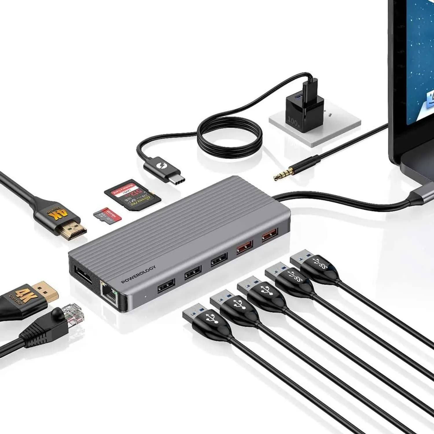 Powerology USB-C Hub - 12-in-1, 100W PD, Dark Gray 5