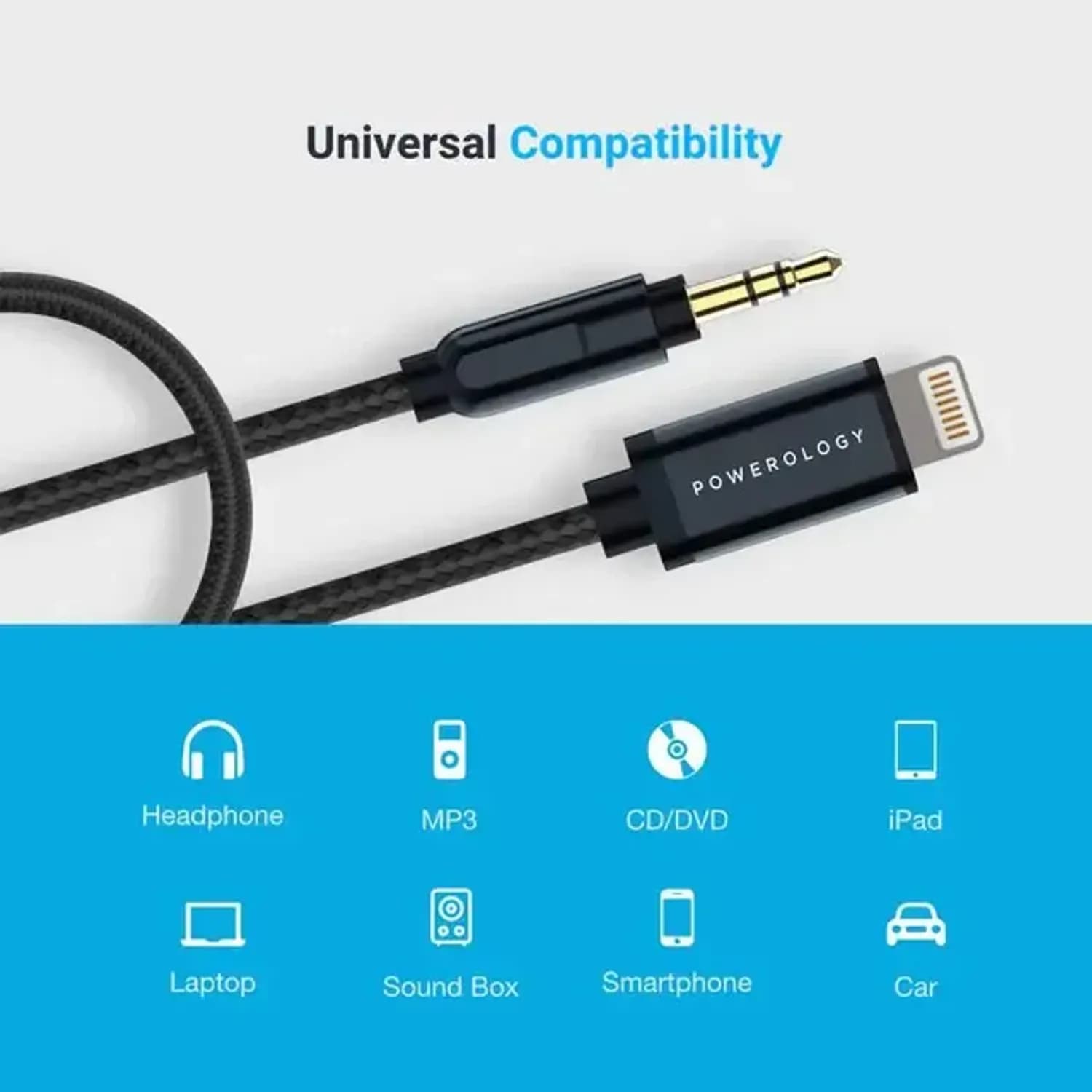 Powerology Audio Cable - Lightning to 3.5mm AUX, Black 5