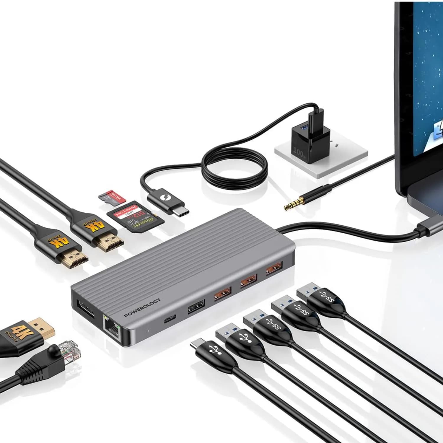Powerology USB-C Hub - 13-in-1, 4K HDMI, 100W PD, Gray 2