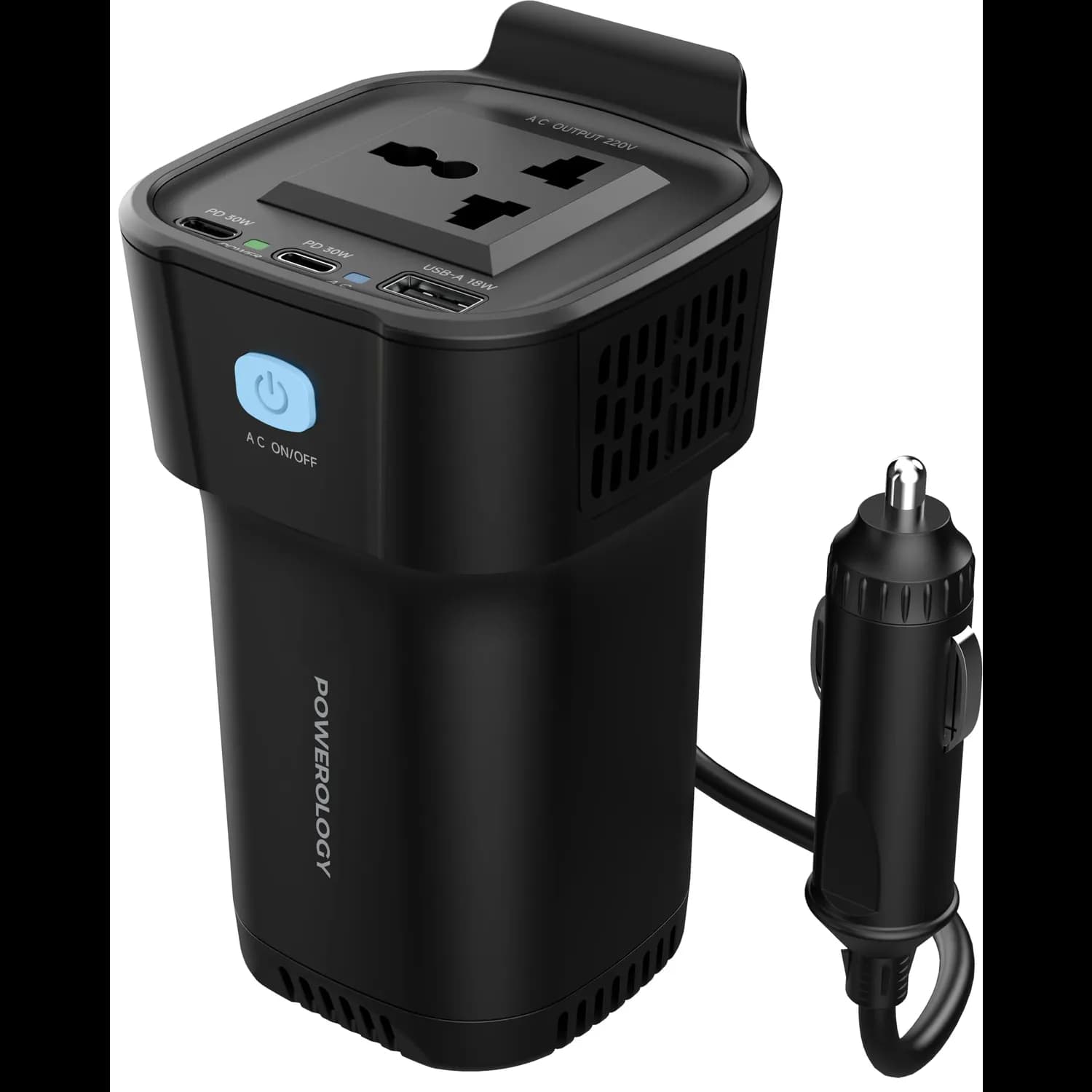 Powerology Power Inverter - 150W AC, PD 30W, Cup Holder Design 1 Powerology Power Inverter - 150W AC, PD 30W, Cup Holder Design 1