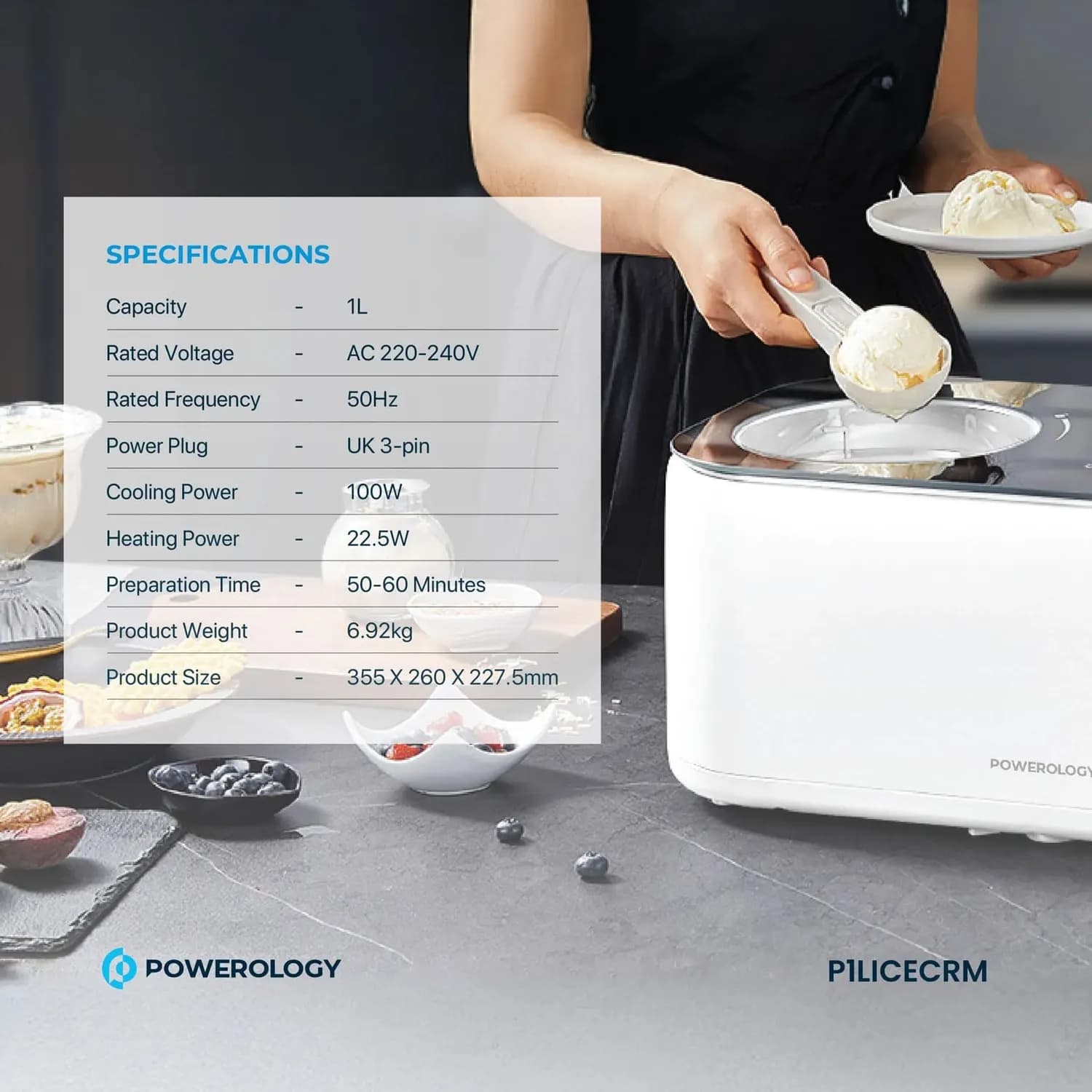 Powerology Ice Cream Maker - 1L, Quick-Freeze, White 4