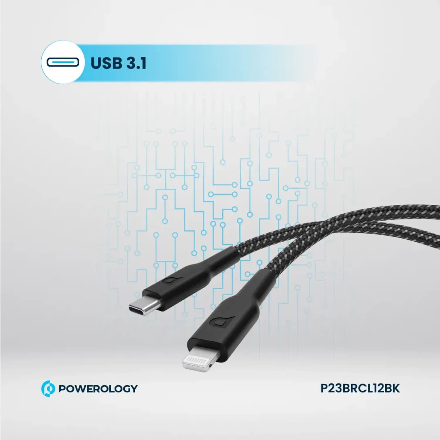 Powerology Cable USB-C to Lightning - Braided, 1.2m, White — Black 1 Powerology Cable USB-C to Lightning - Braided, 1.2m, White — Black 1