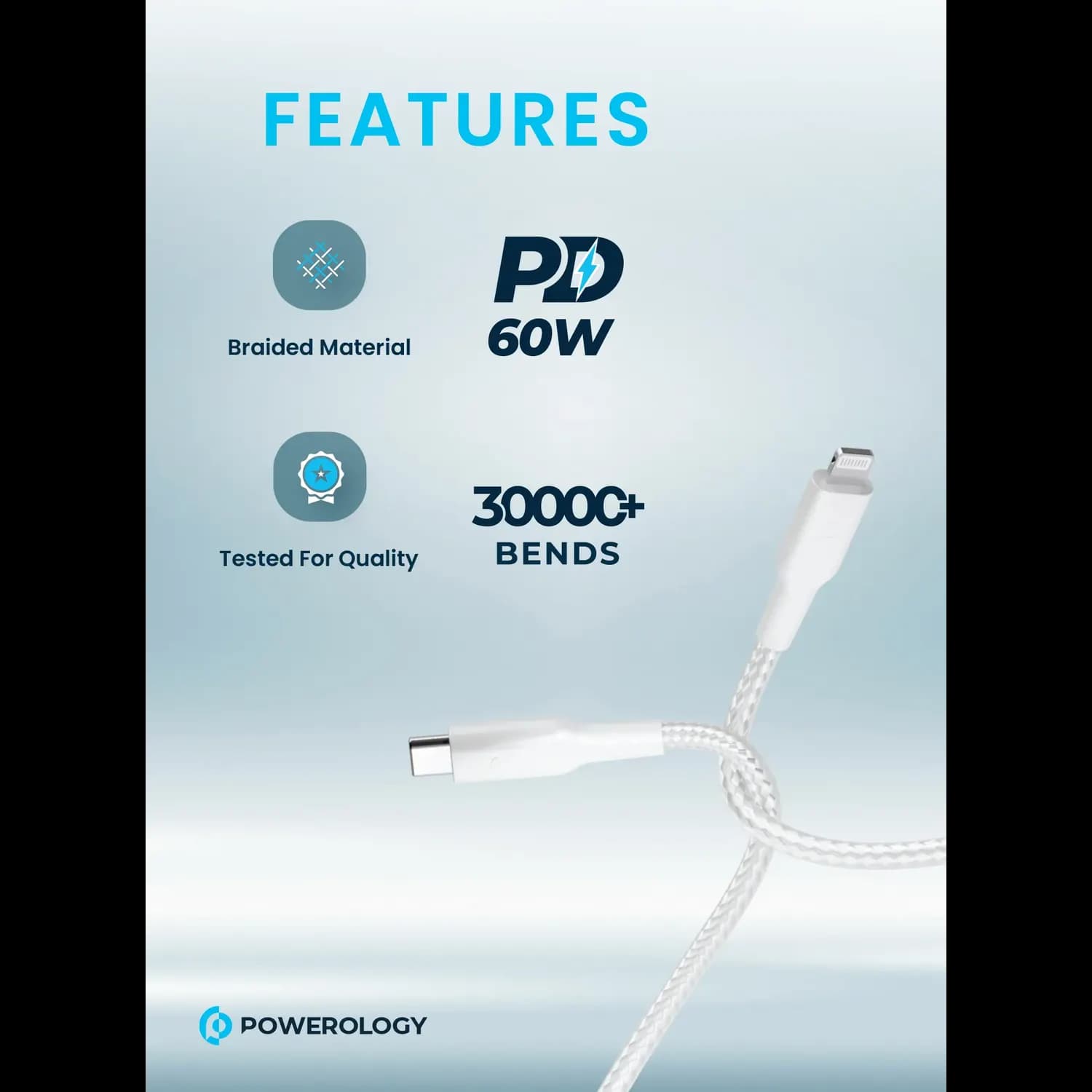 Powerology Cable USB-C to Lightning - Braided, 1.2m, White — Black 4