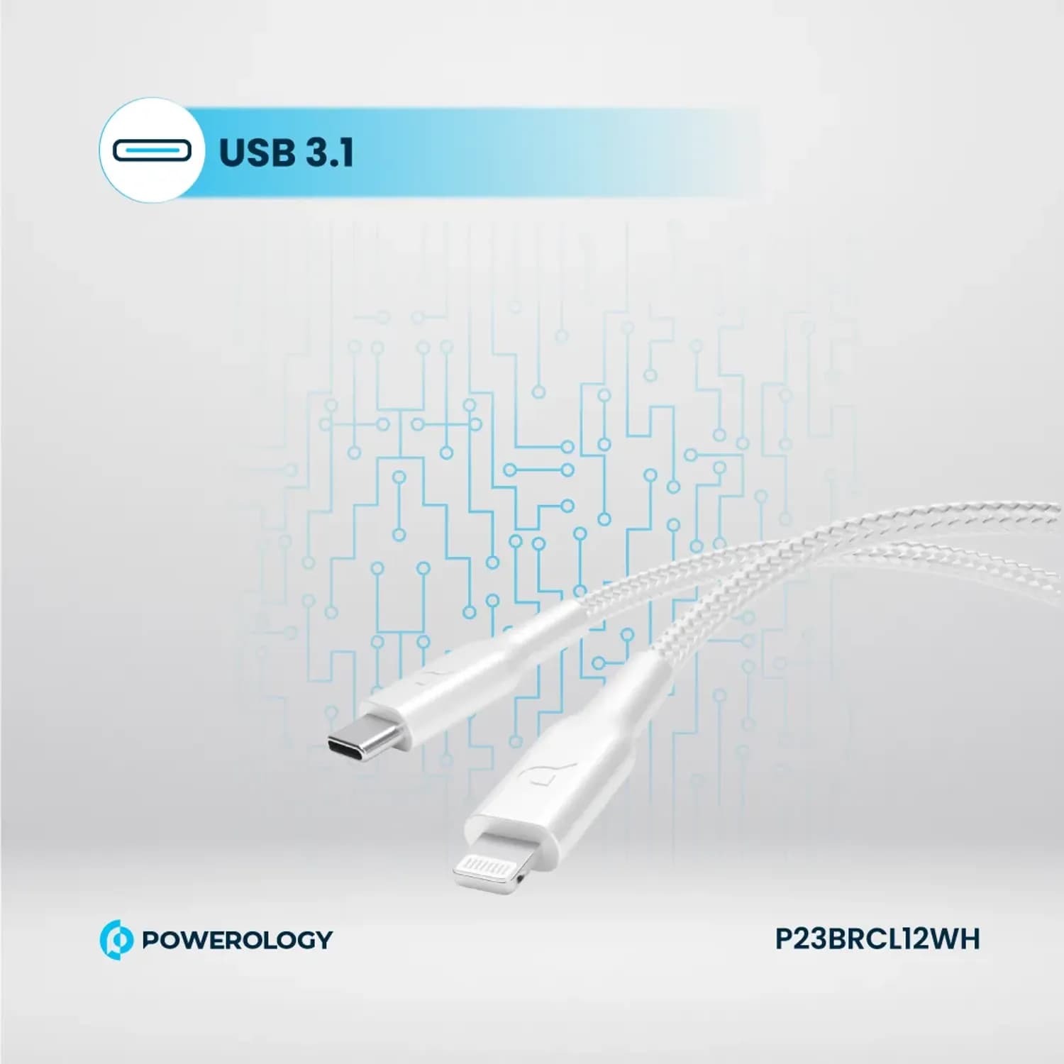 Powerology Cable USB-C to Lightning - Braided, 1.2m, White — Black 5