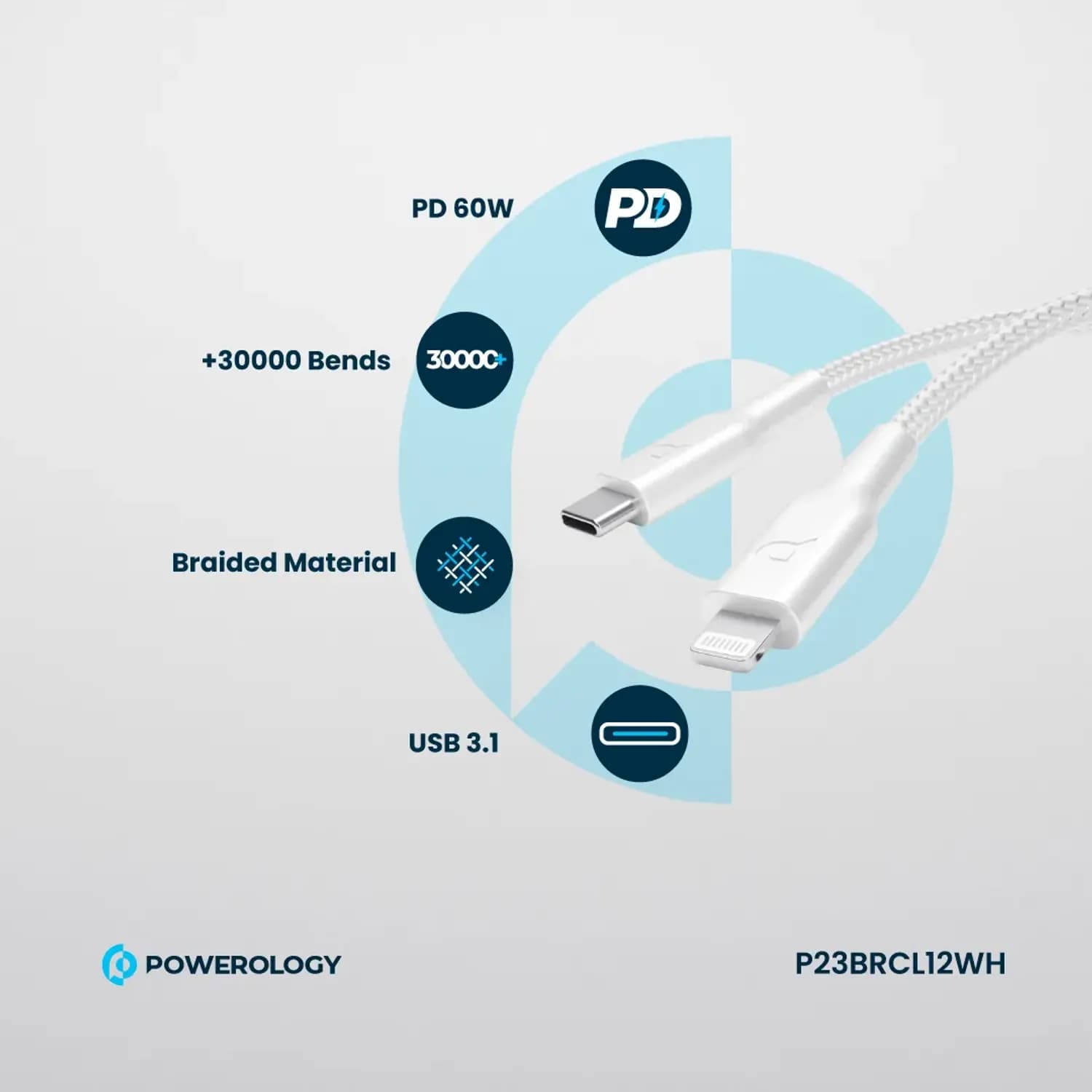 Powerology Cable USB-C to Lightning - Braided, 1.2m, White — Black 2