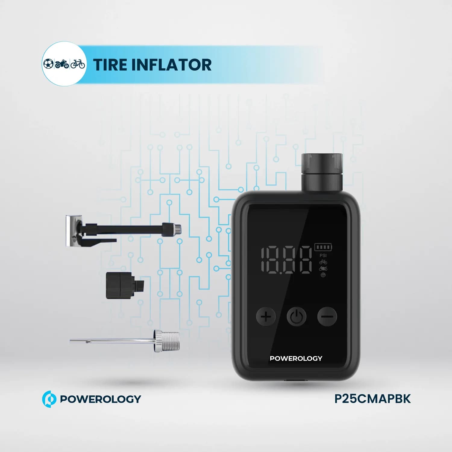 Powerology Tire Inflator - Super Compact, Black 3