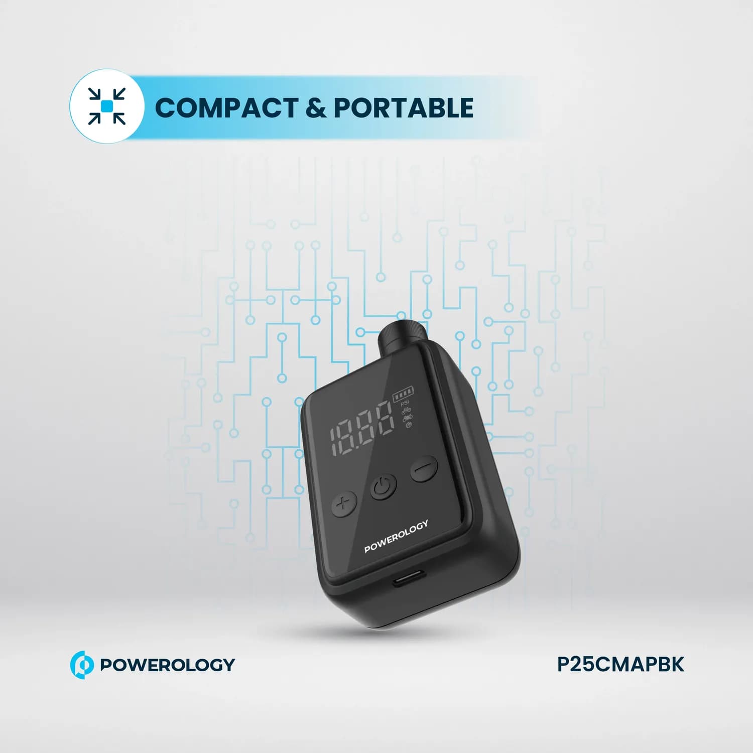 Powerology Tire Inflator - Super Compact, Black 5