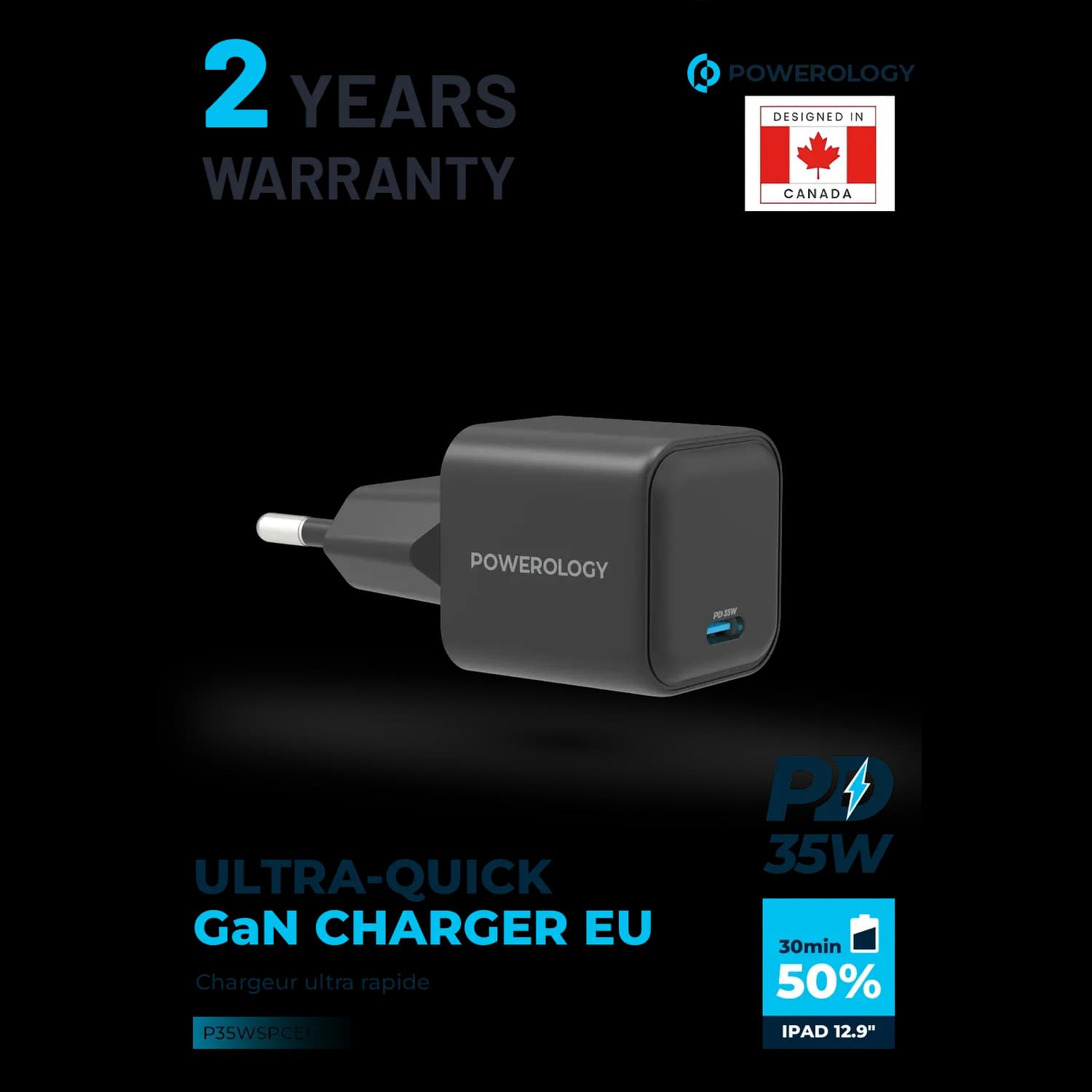 Powerology Charger - 35W Type-C GaN, EU Plug, Black 2
