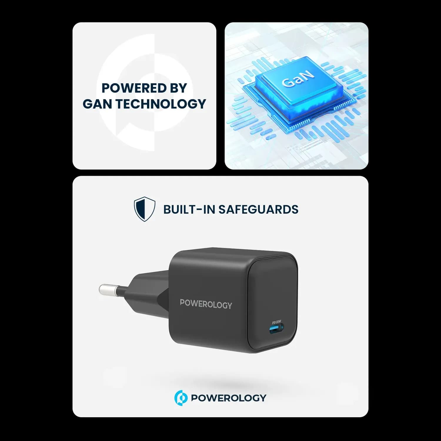 Powerology Charger - 35W Type-C GaN, EU Plug, Black 3