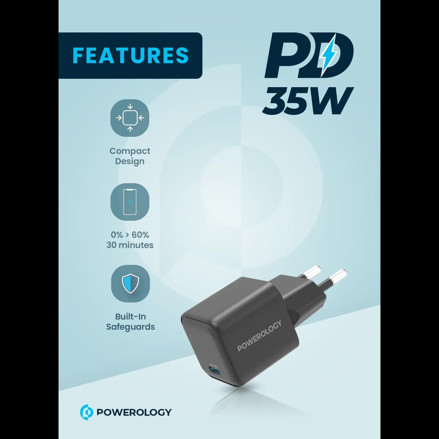 Powerology Charger - 35W Type-C GaN, EU Plug, Black 4