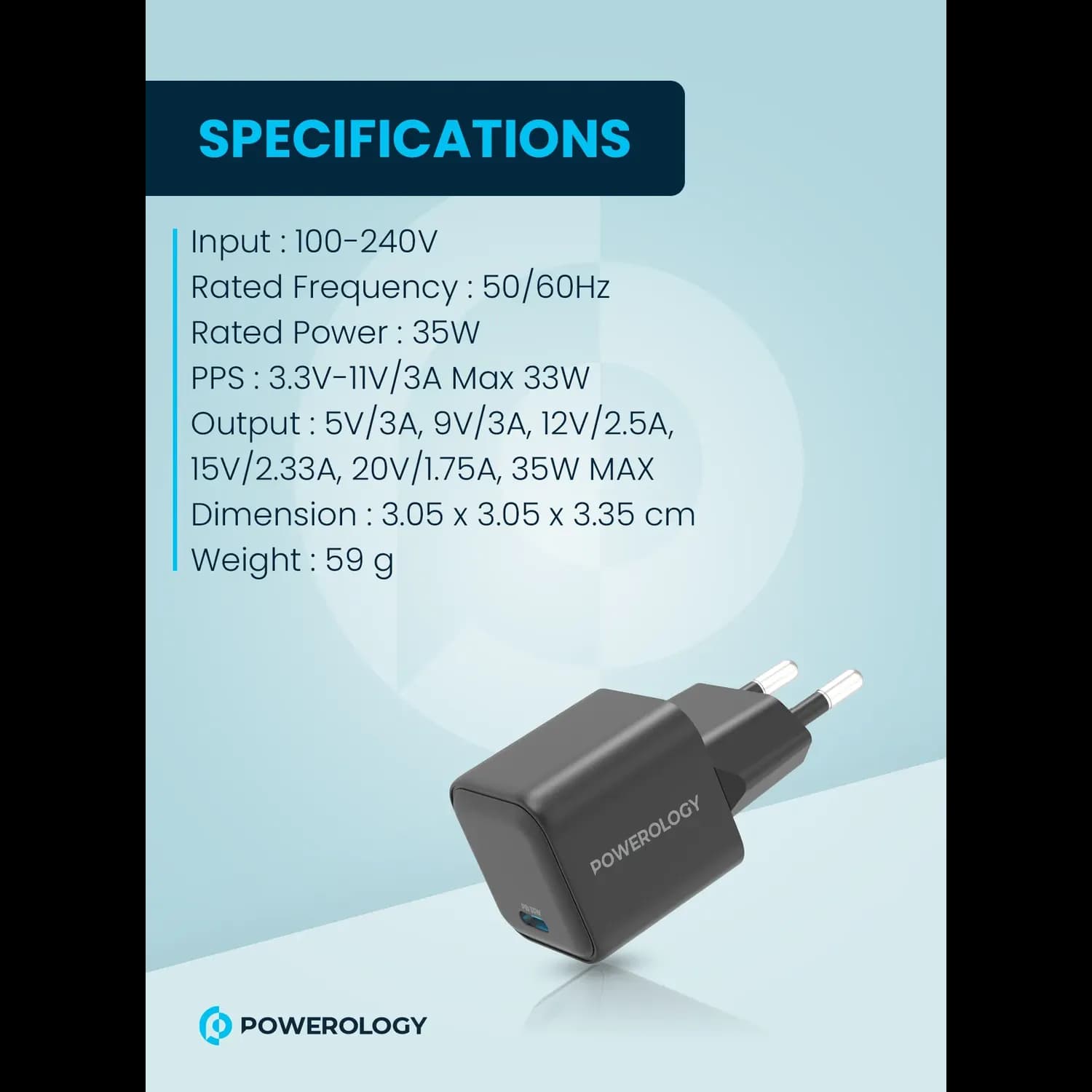 Powerology Charger - 35W Type-C GaN, EU Plug, Black 5