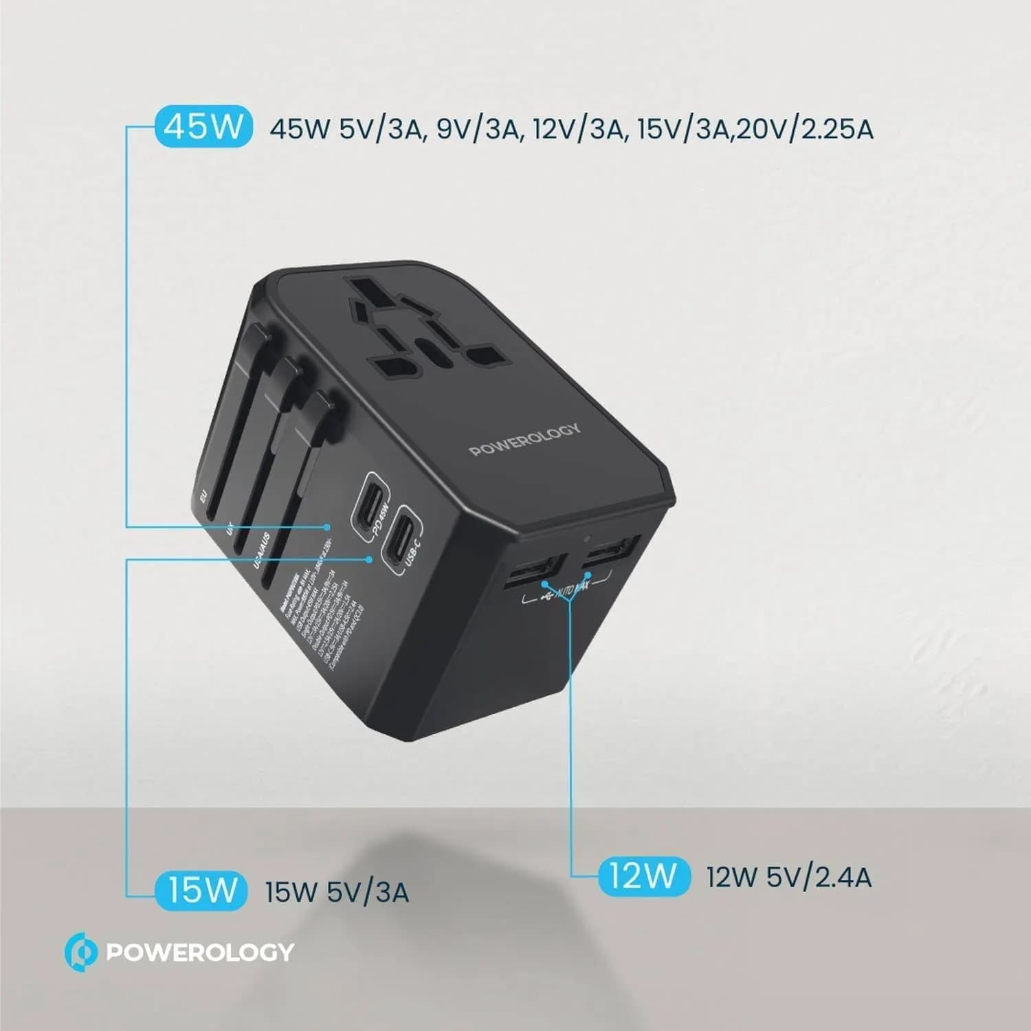 Powerology Travel Charger - 45W PD Fast Charging, Black 4