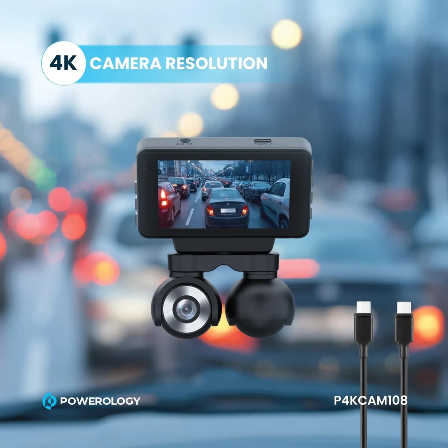 Powerology Dash Camera - Dual Lens 4K Front, 1080P Inside 2