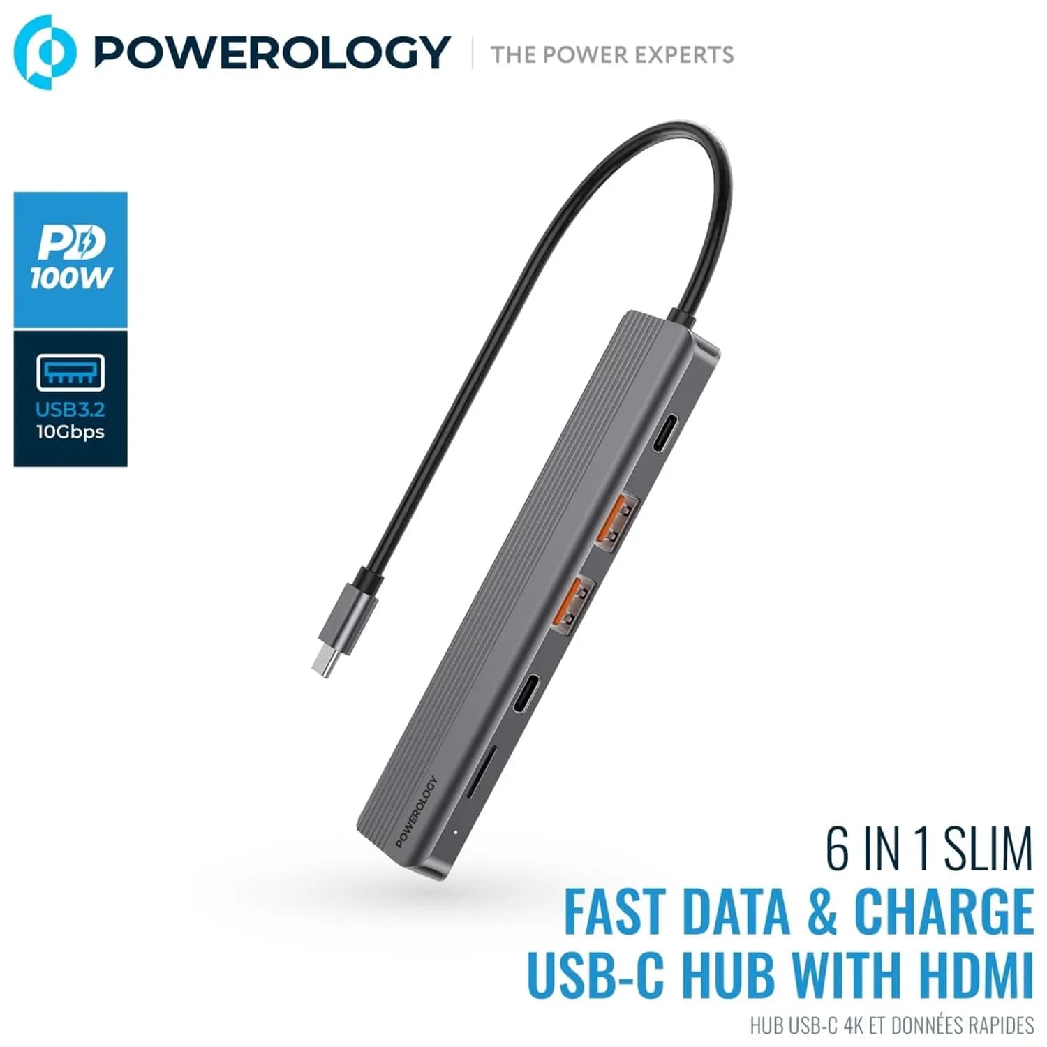 Powerology USB-C Hub - 6-in-1 4K HDMI PD 100W, Dark Gray 2