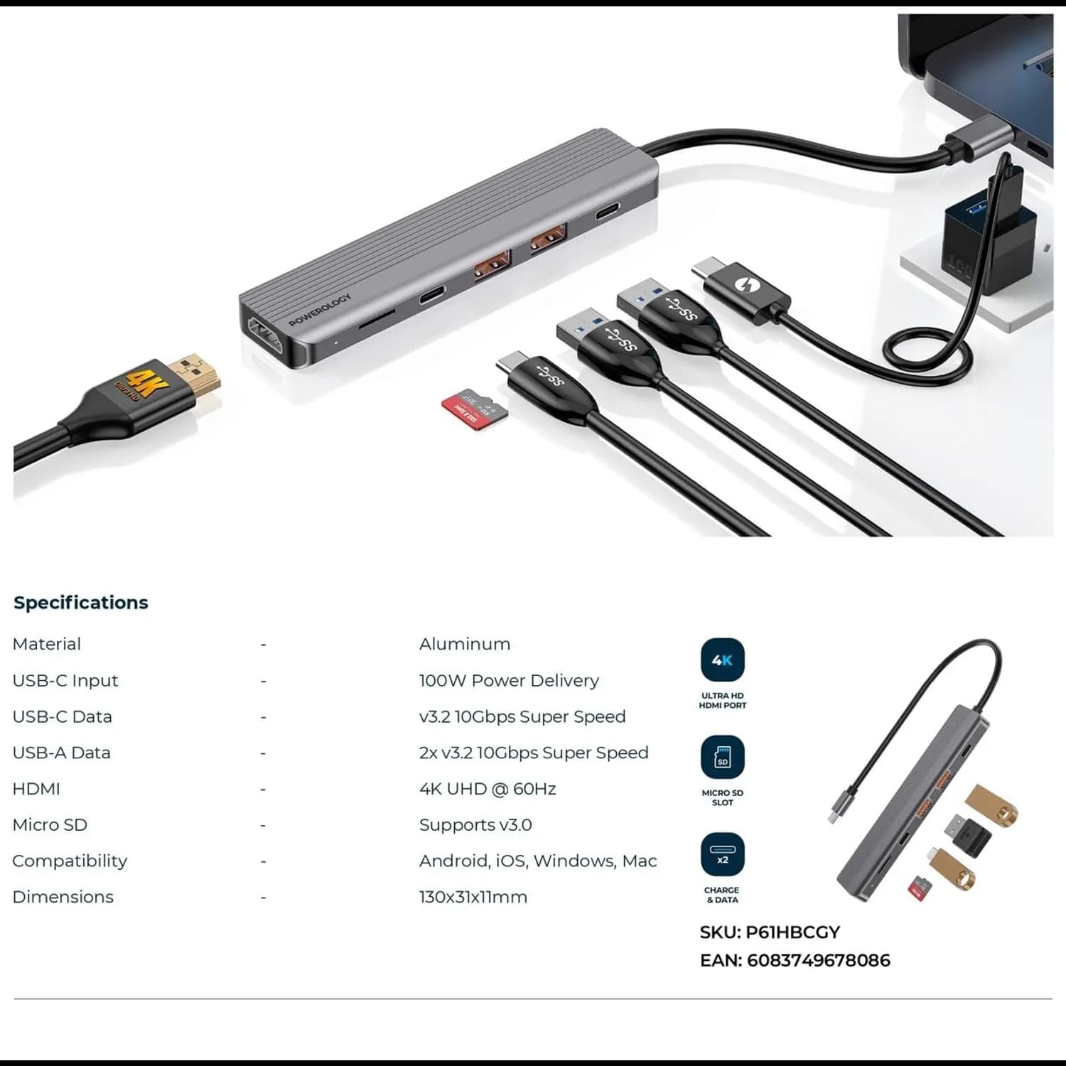 Powerology USB-C Hub - 6-in-1 4K HDMI PD 100W, Dark Gray 3