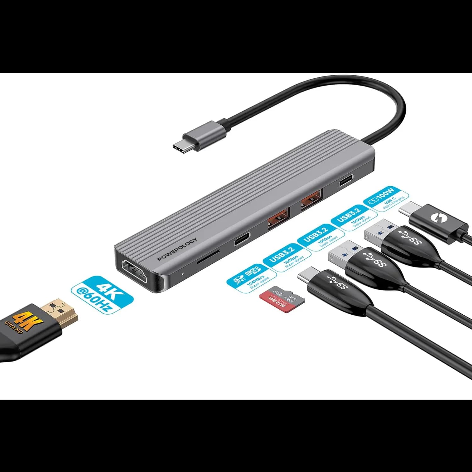 Powerology USB-C Hub - 6-in-1 4K HDMI PD 100W, Dark Gray 4