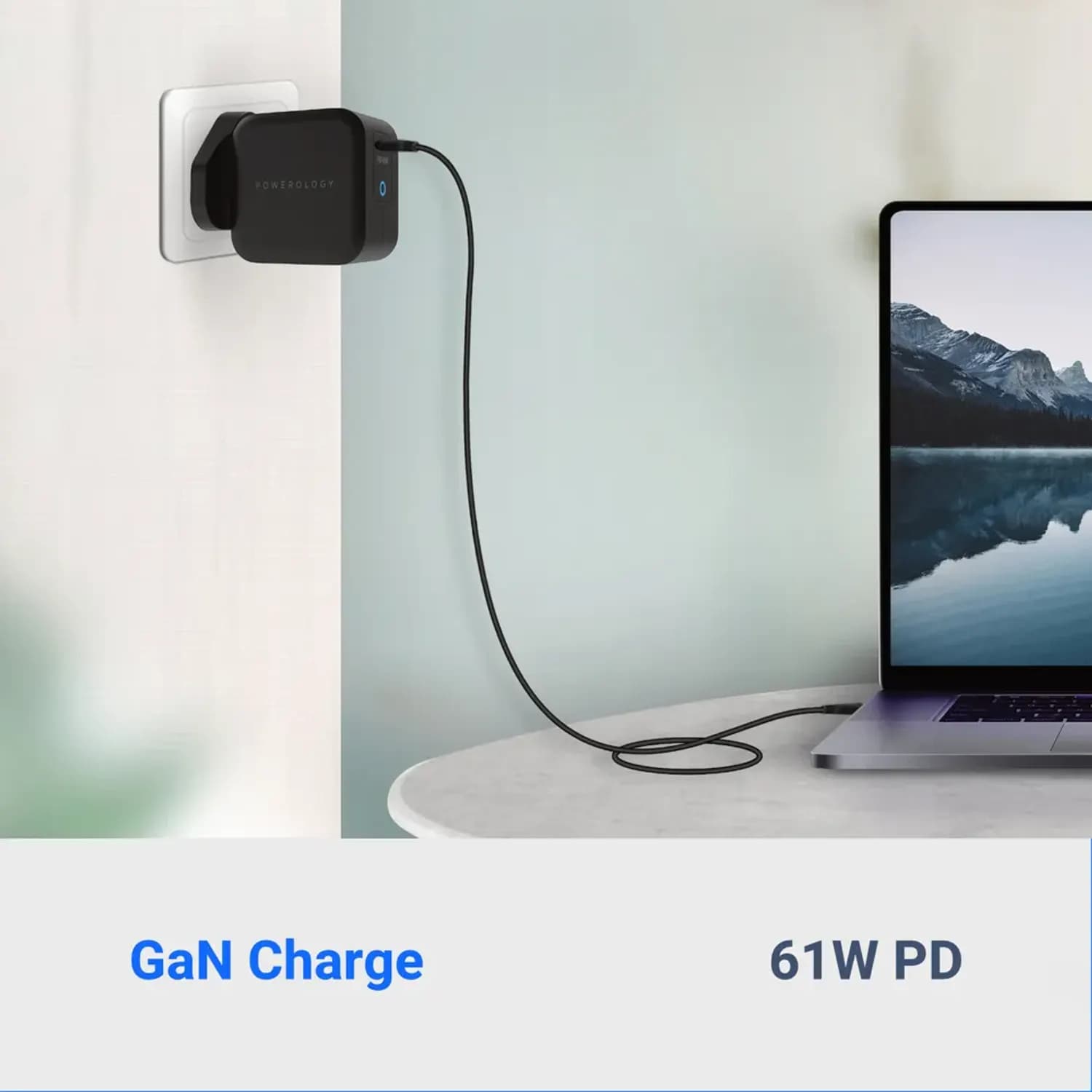 Powerology Charger - 61W PD GaN, USB-C Cable, Black 3