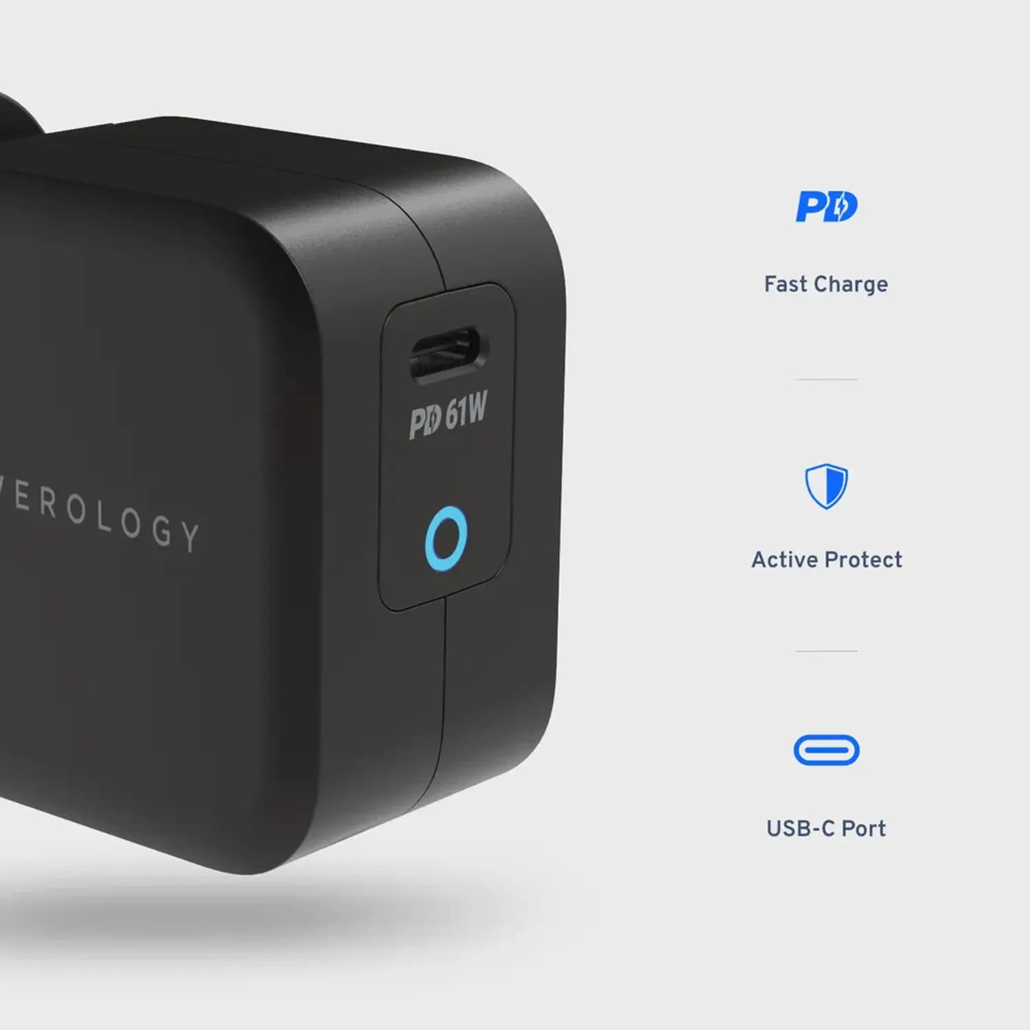 Powerology Charger - 61W PD GaN, USB-C Cable, Black 4