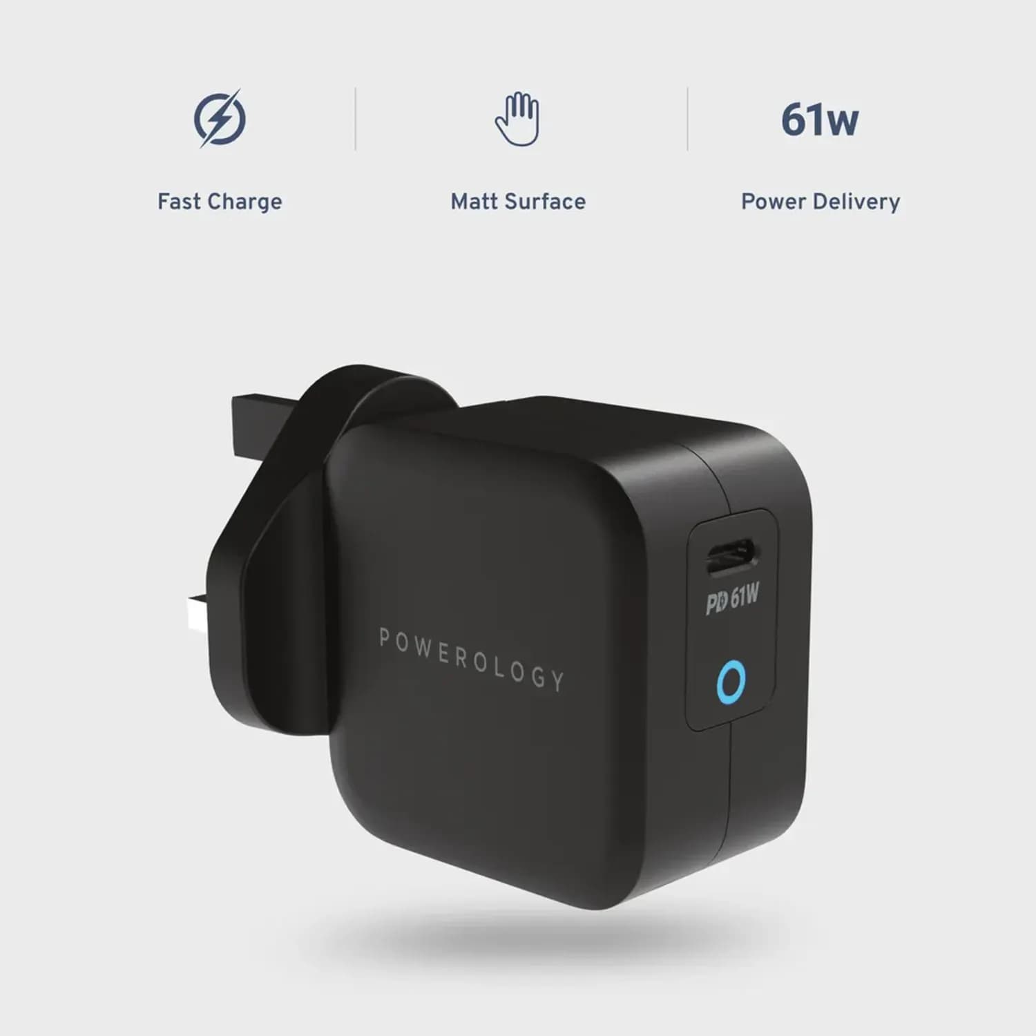 Powerology Charger - 61W PD GaN, USB-C Cable, Black 5