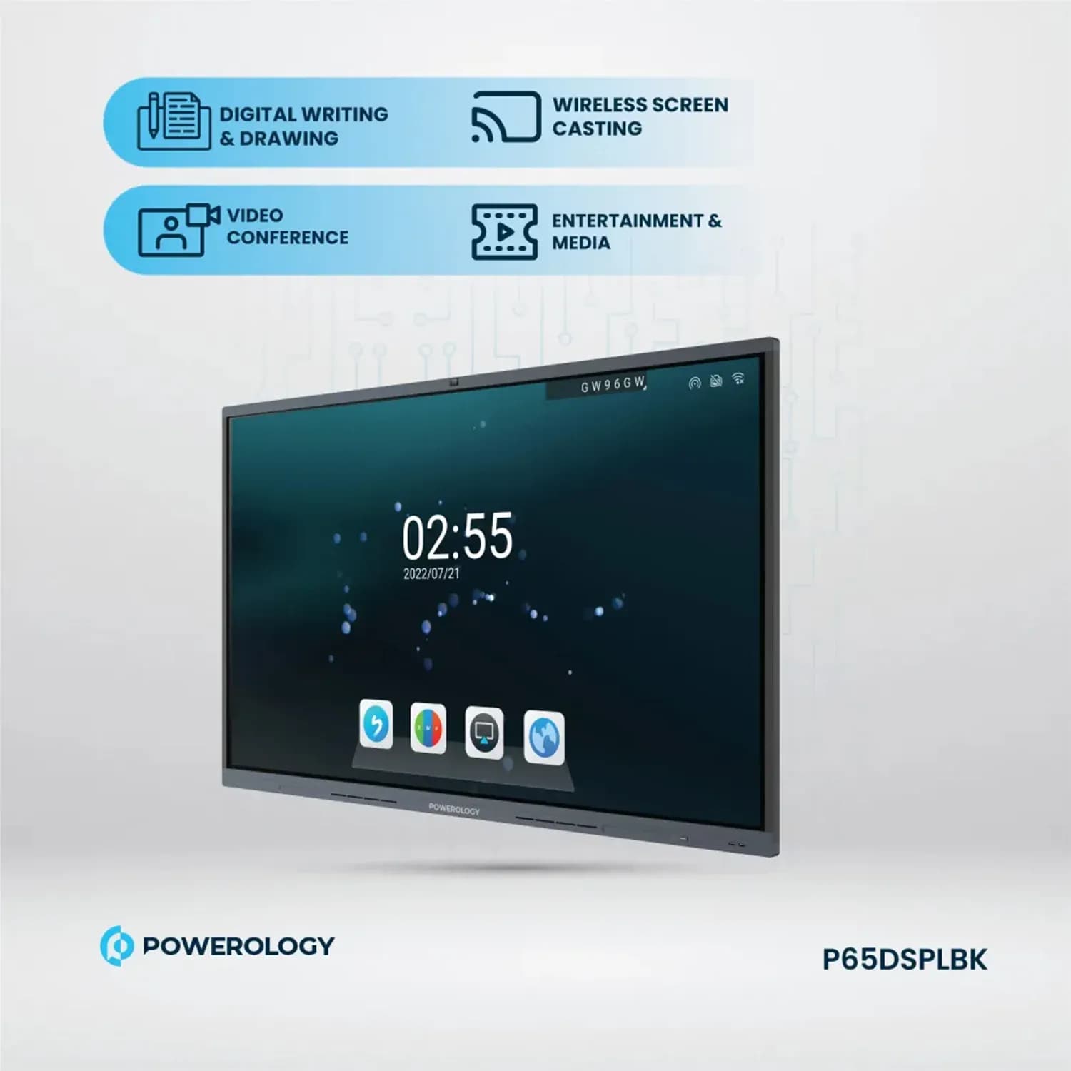 Powerology Interactive Smartboard - Dual Windows & Android, 65", Black 2