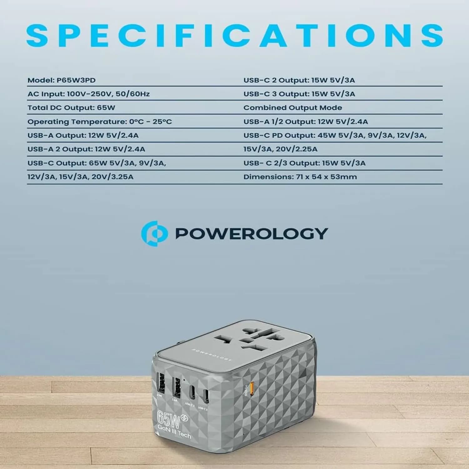 Powerology Travel Power Adapter P65W3PD-GY - 65W GaN, 5 Ports, Gray 2