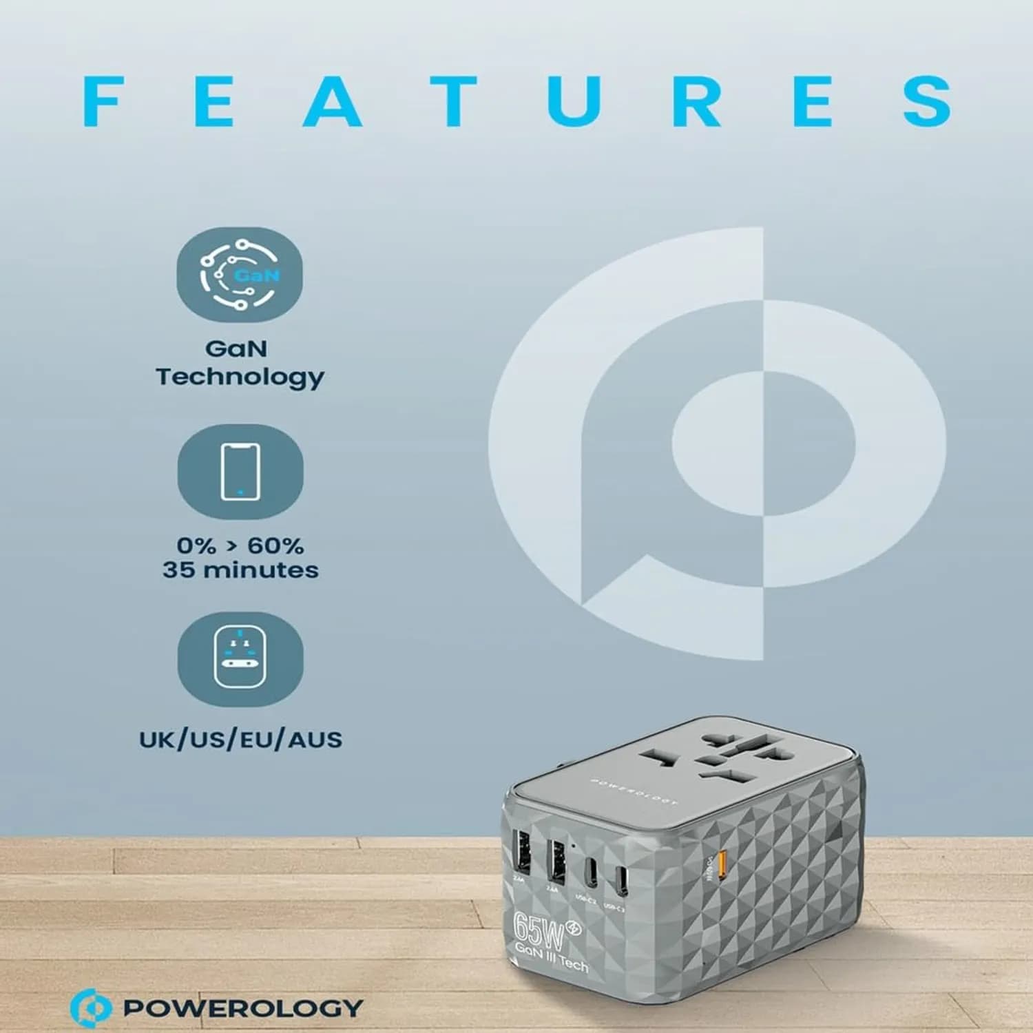 Powerology Travel Power Adapter P65W3PD-GY - 65W GaN, 5 Ports, Gray 3