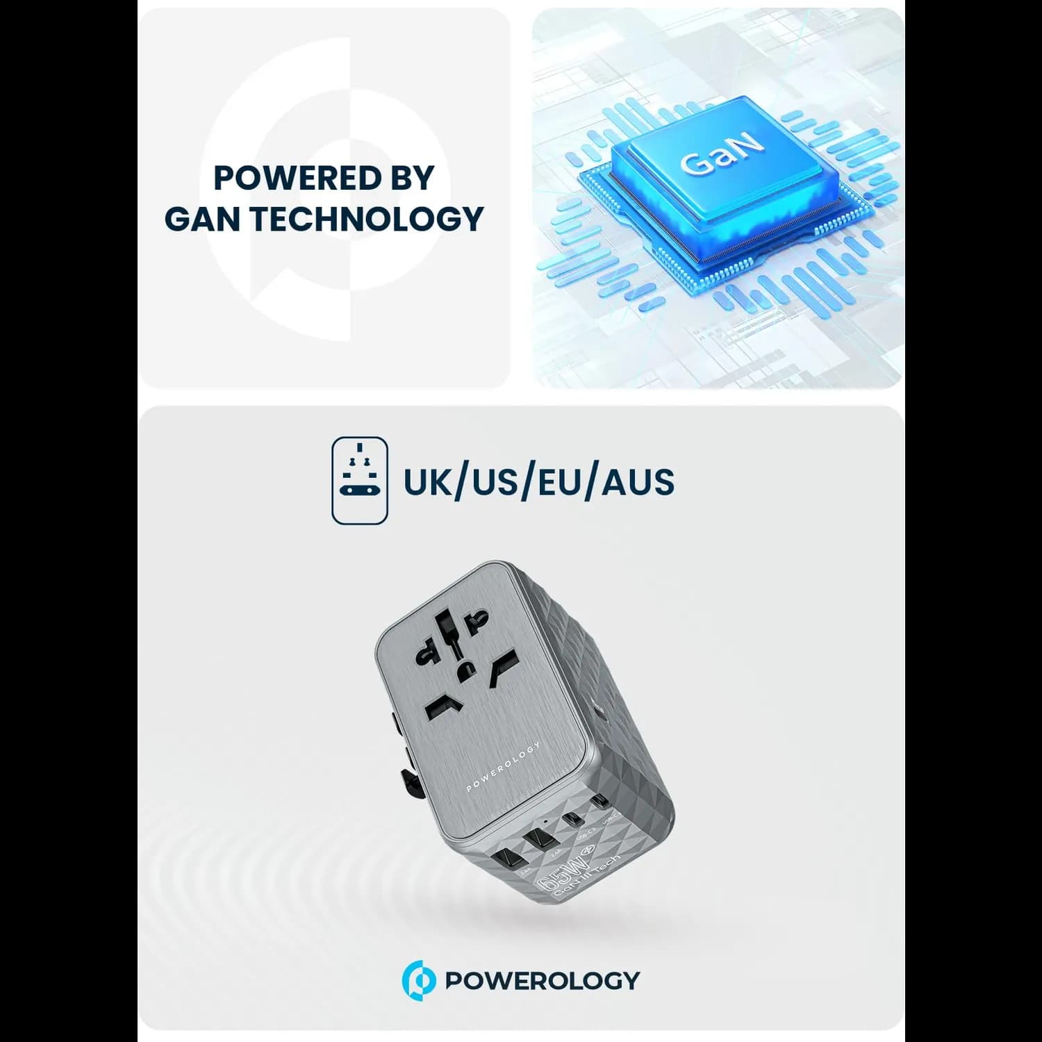 Powerology Travel Power Adapter P65W3PD-GY - 65W GaN, 5 Ports, Gray 5