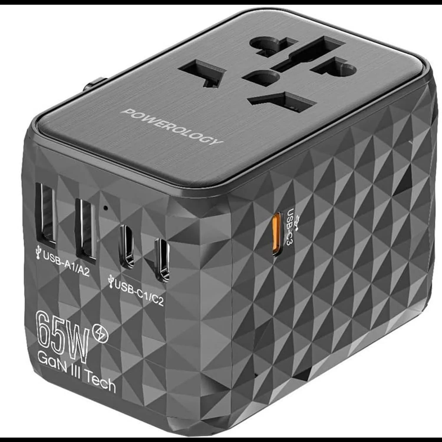 Powerology Travel Power Adapter P65W3PD-GY - 65W GaN, 5 Ports, Gray 1
