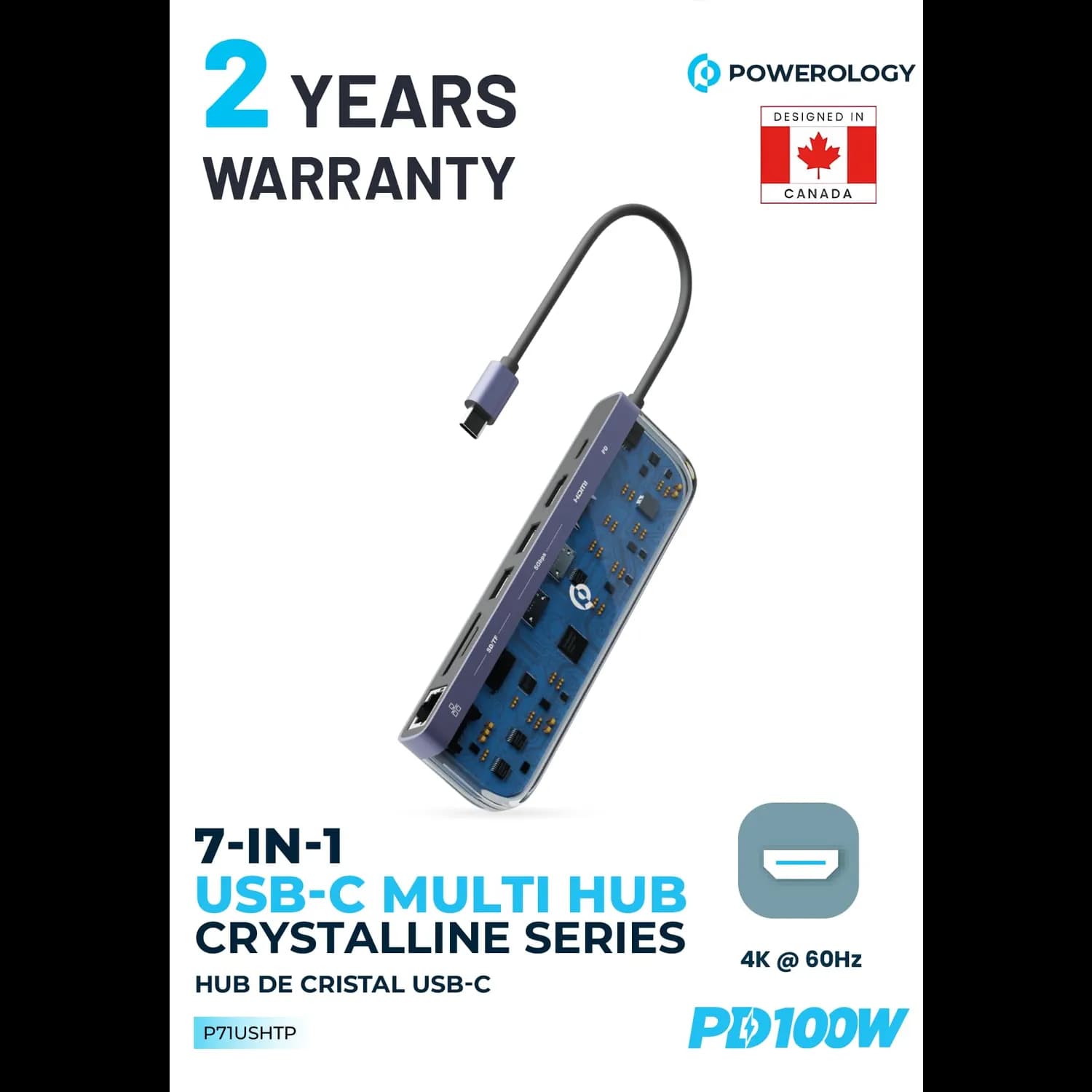 Powerology USB-C Multi Hub Crystalline Series - 7-in-1, 100W PD, Transparent 4