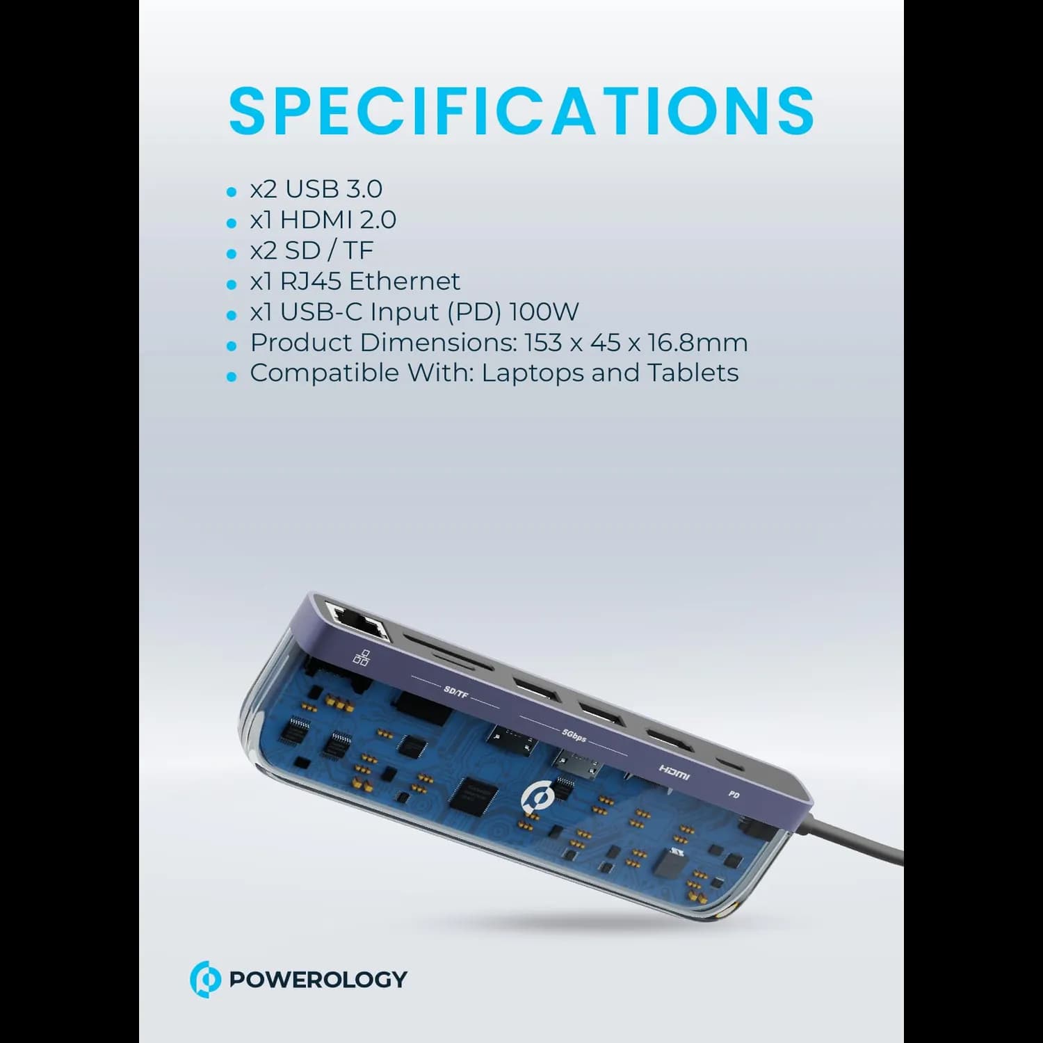 Powerology USB-C Multi Hub Crystalline Series - 7-in-1, 100W PD, Transparent 5