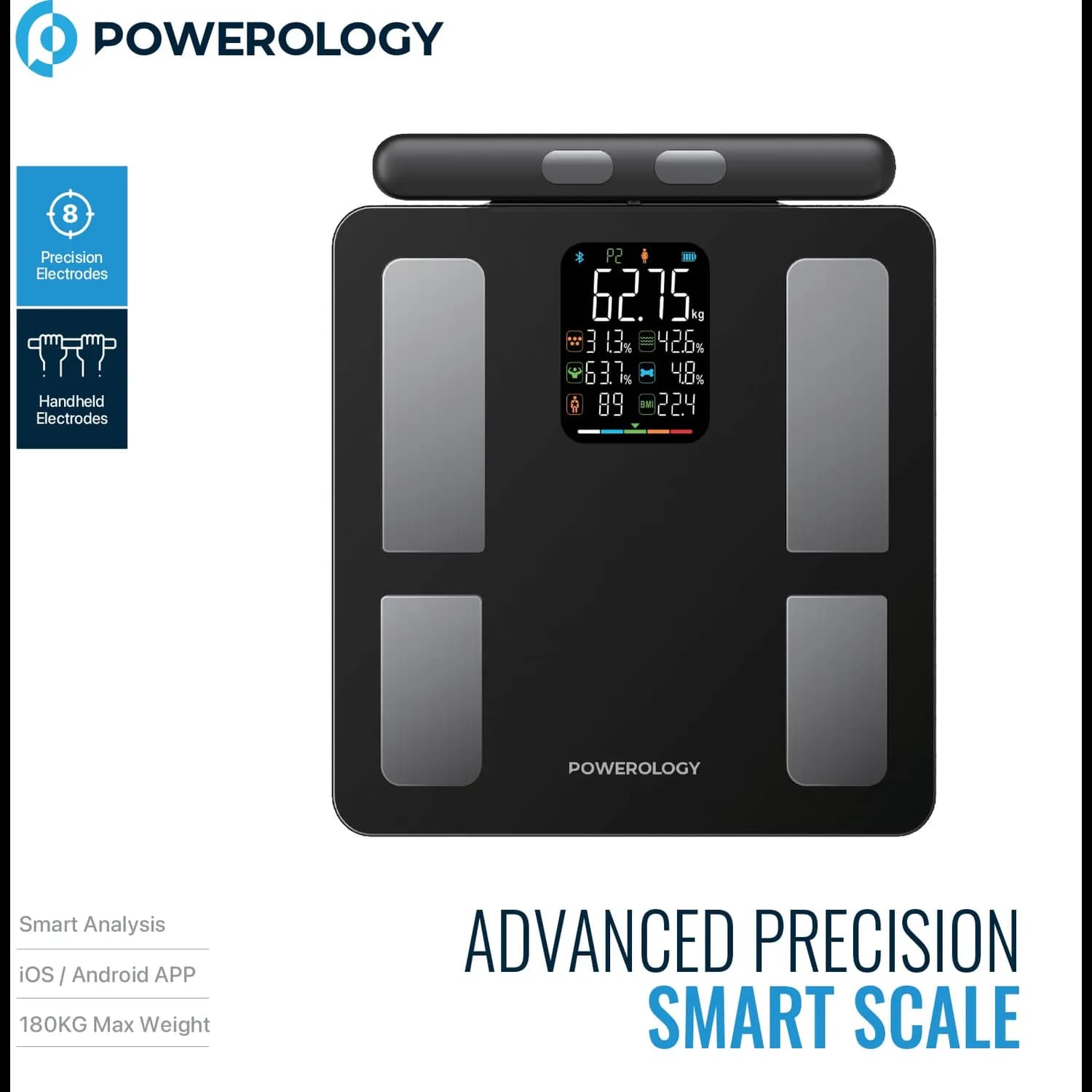 Powerology Smart Scale - 8-Electrode Body Fat, Bluetooth 5