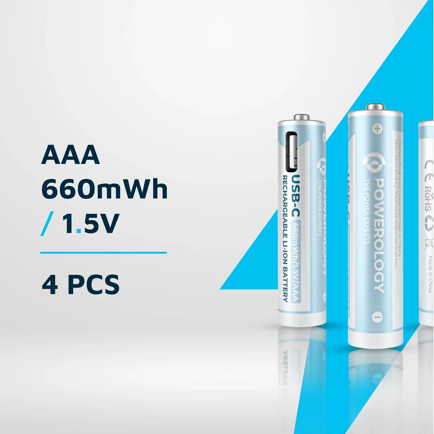 Powerology USB-C Rechargeable Lithium AAA Battery - 4 Pack, White 5