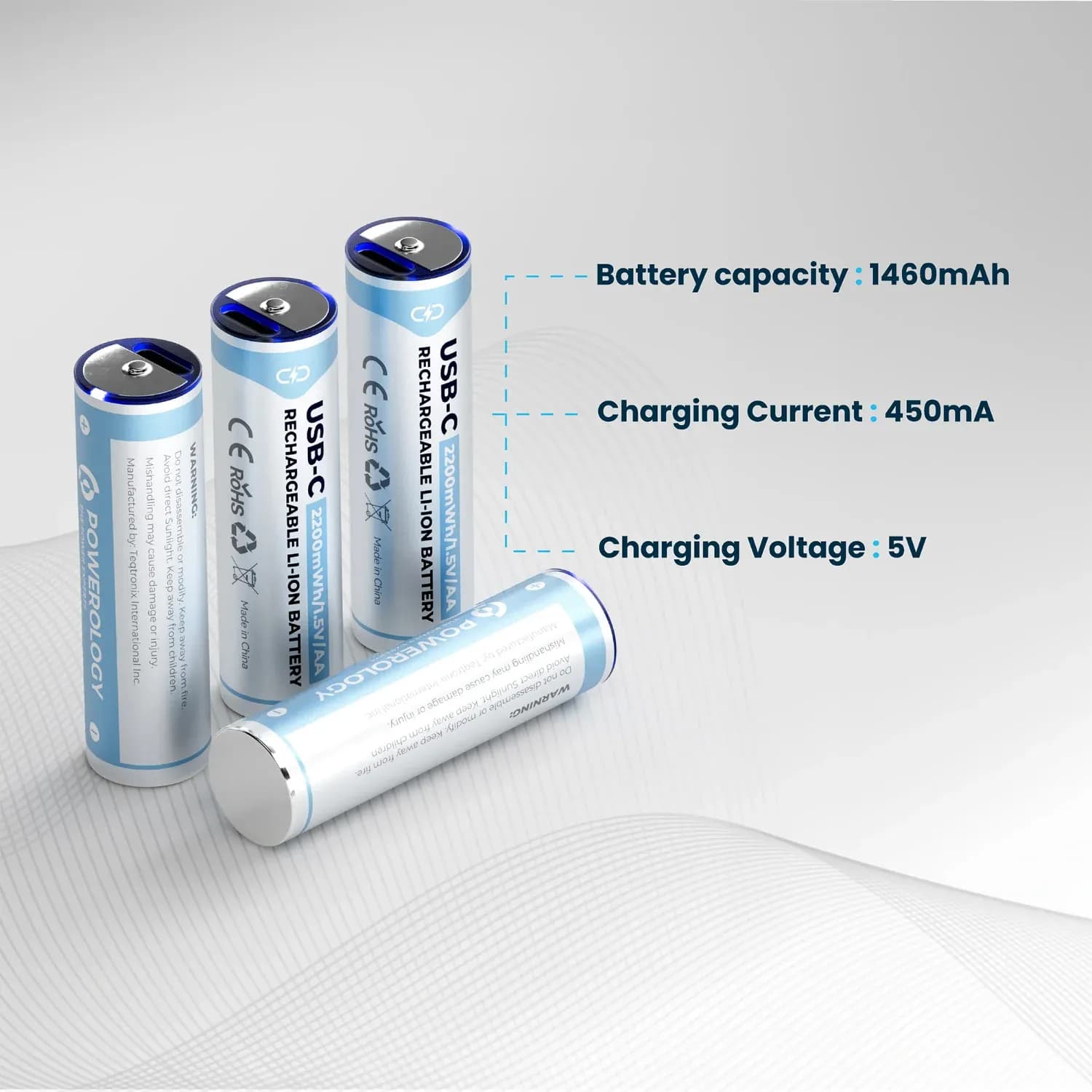 Powerology USB-C Rechargeable Lithium AA Battery - 4 Pack, White 3