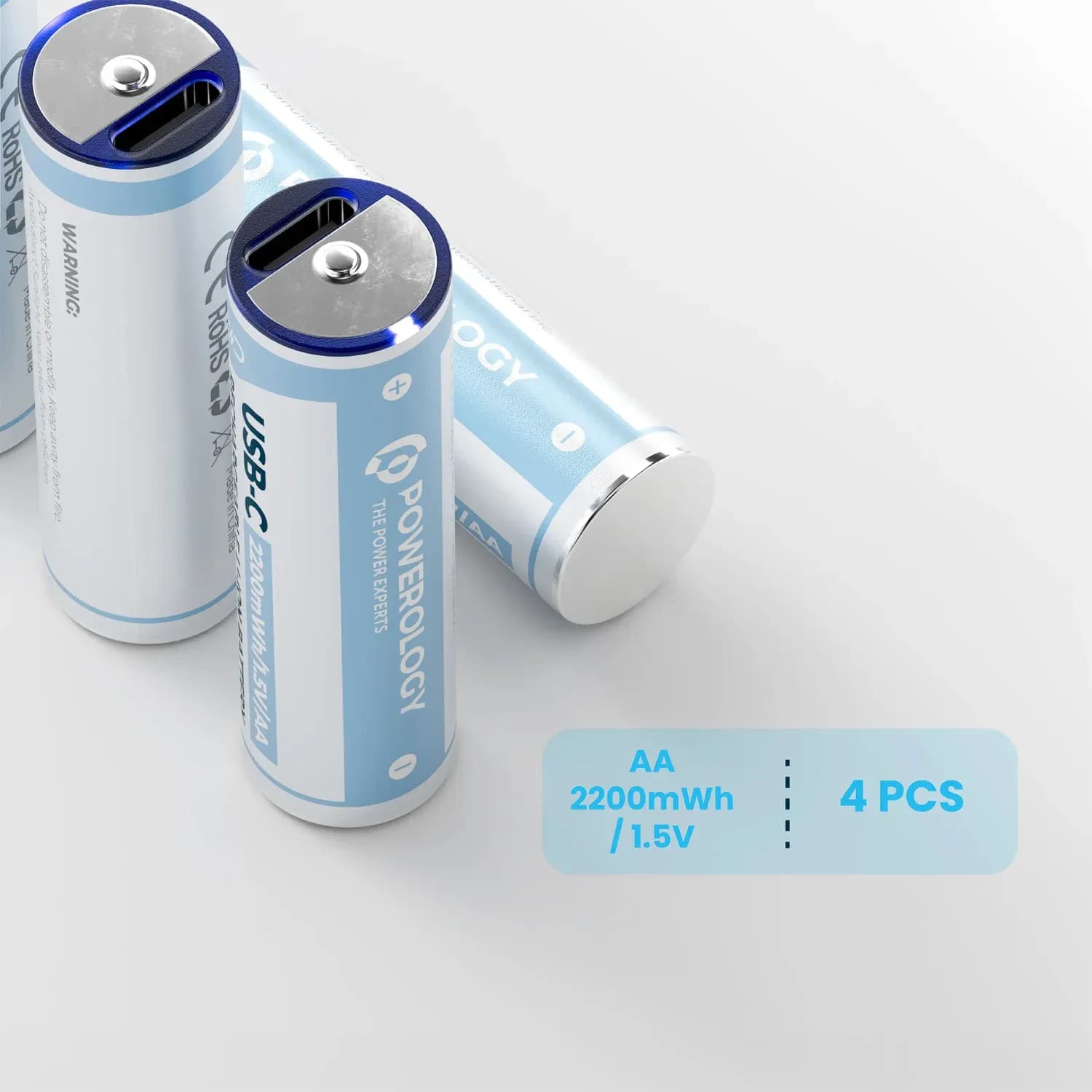 Powerology USB-C Rechargeable Lithium AA Battery - 4 Pack, White 4