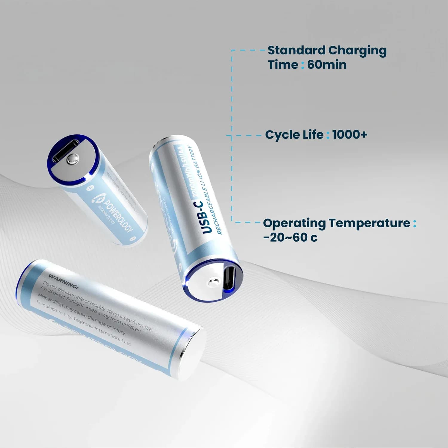 Powerology USB-C Rechargeable Lithium AA Battery - 4 Pack, White 5