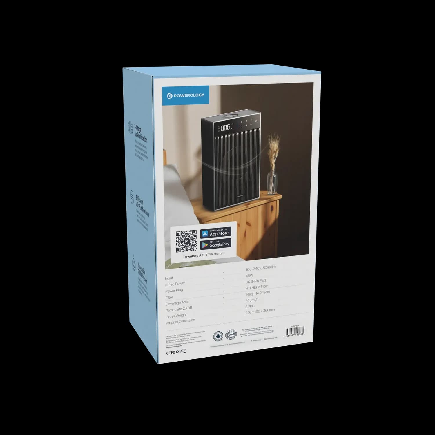 Powerology Air Purifier - Smart 3-Stage H11 HEPA, Black 2