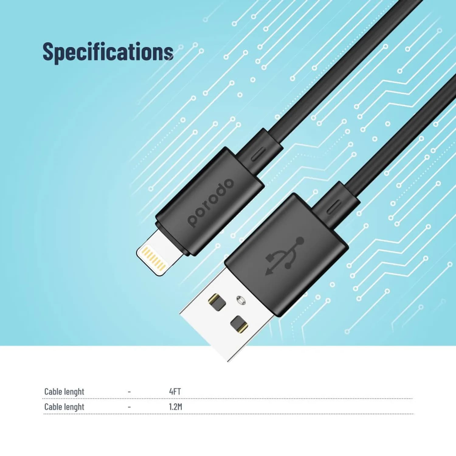 Porodo USB-A to Lightning Cable - 3A Fast Charge, Black 5