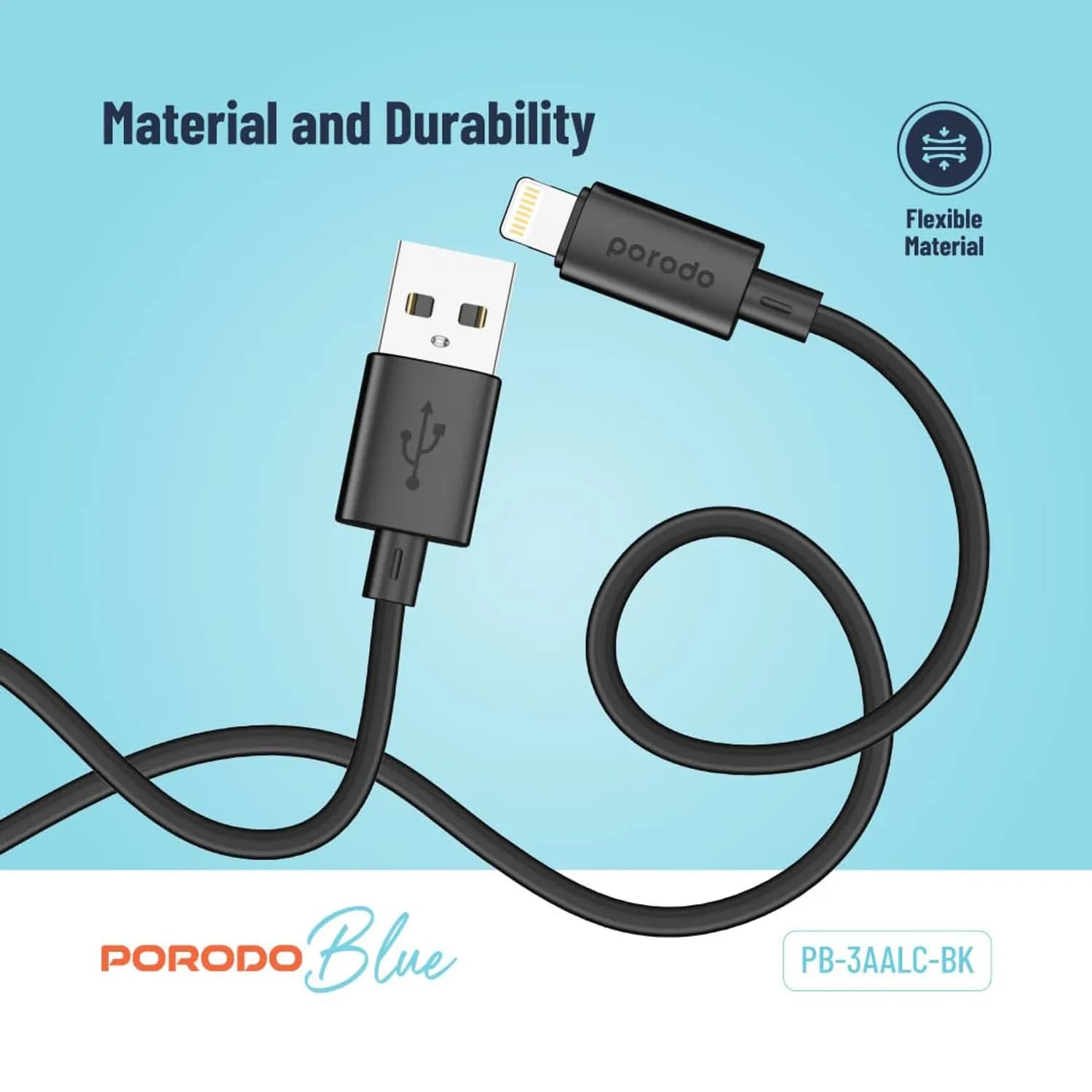 Porodo USB-A to Lightning Cable - 3A Fast Charge, Black 2