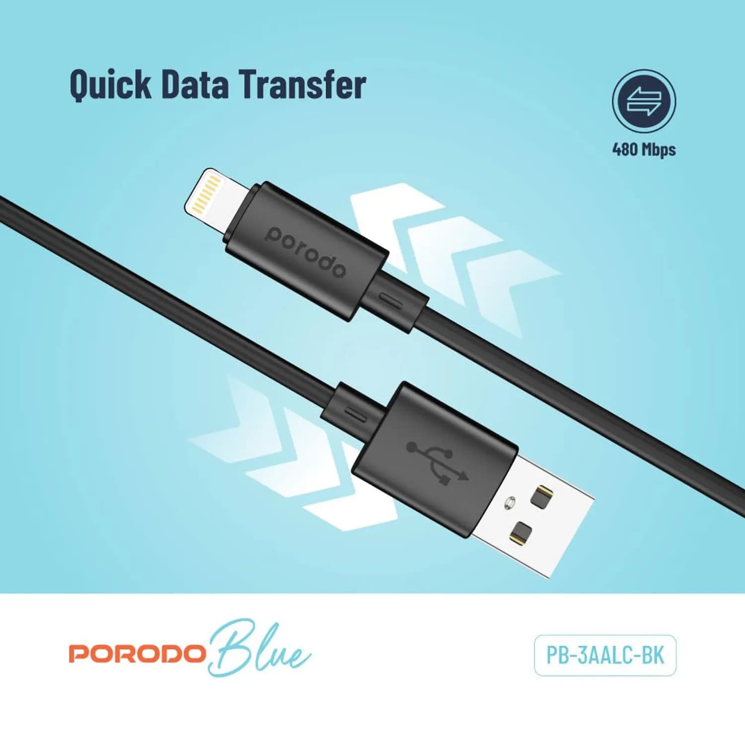 Porodo USB-A to Lightning Cable - 3A Fast Charge, Black 4