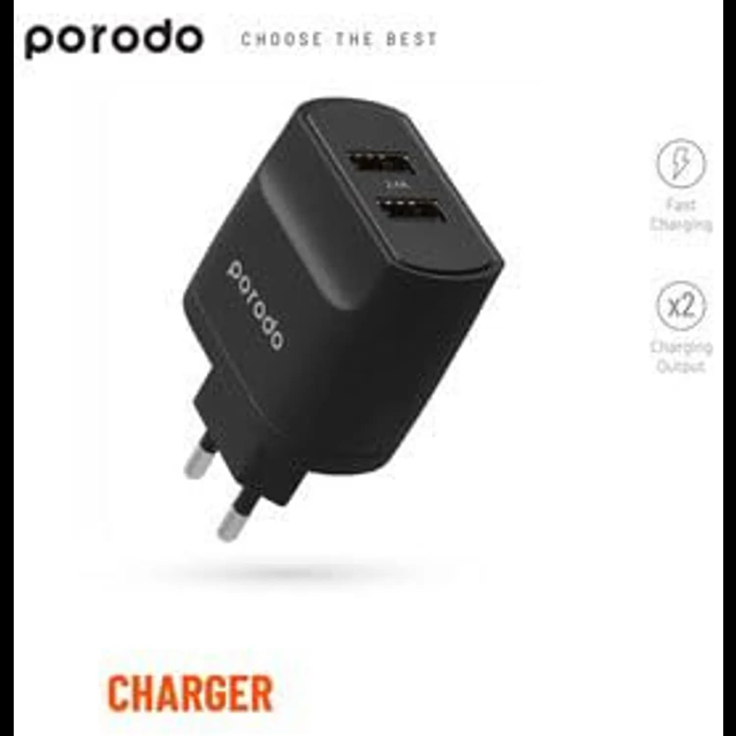 Porodo Dual Port Charger PB-C12WEU - 2.4A 12W, Black 3