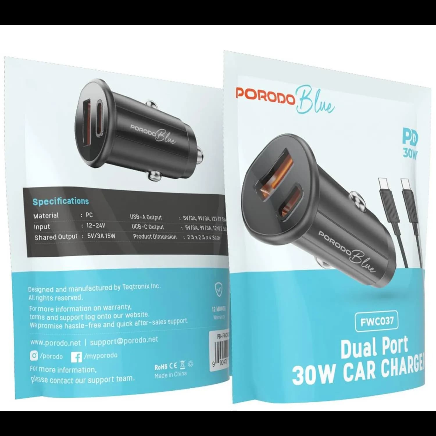 Porodo Car Charger - 30W Dual Port, Black 4